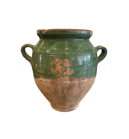 Antique French Confit Jar, Green Glaze, double Handle (0HP00L)
