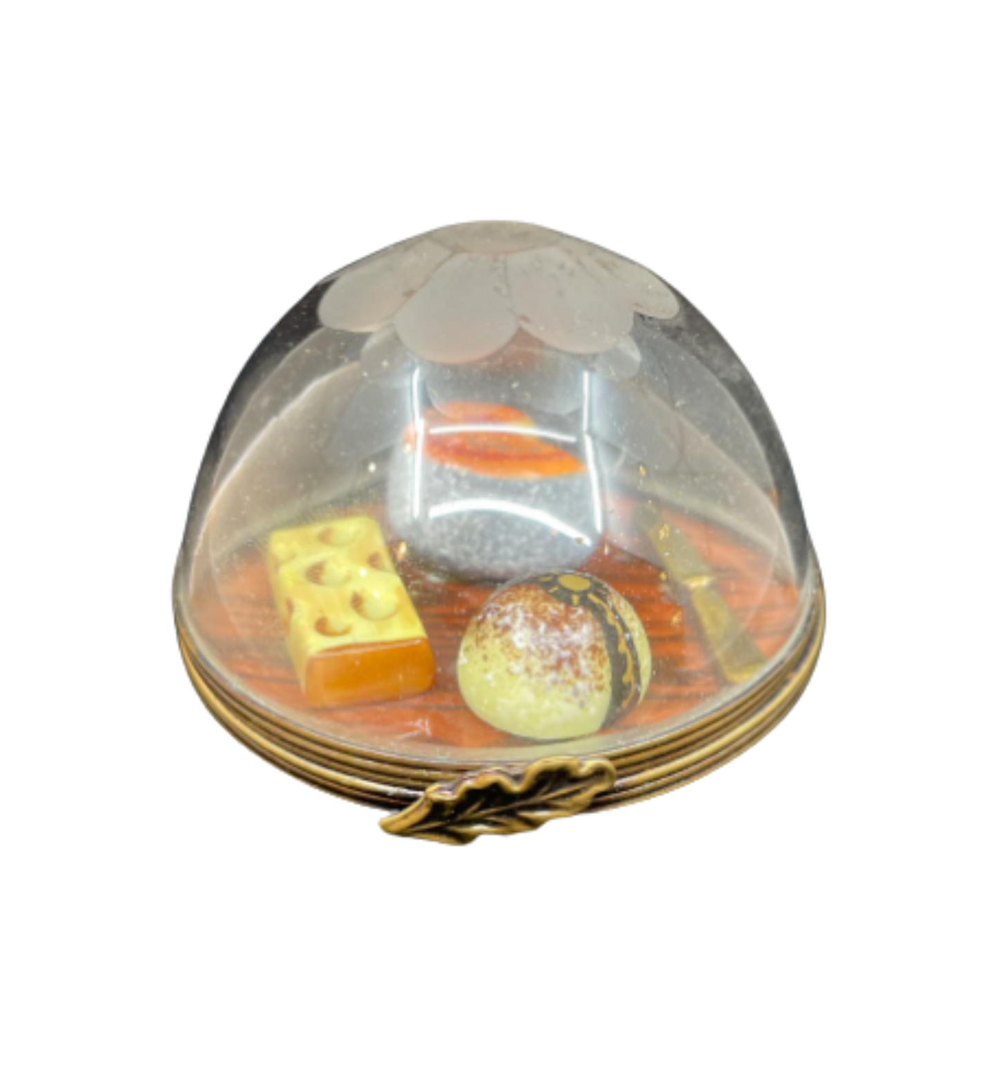 Limoges Cheese Dome with Etched Glass Lid Trinket Box (03002B)
