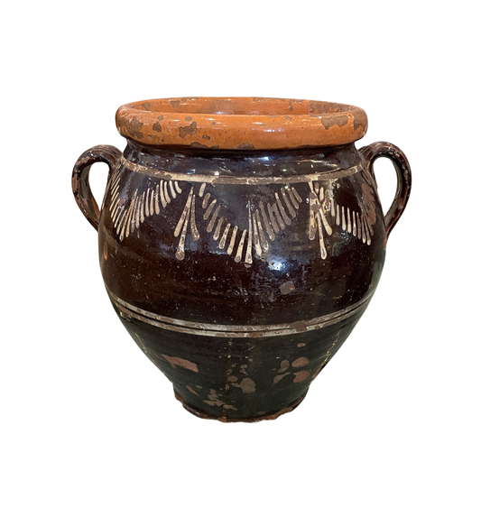 Antique Confit Jar,  Brown Glaze with Double Handles (0HP00M)