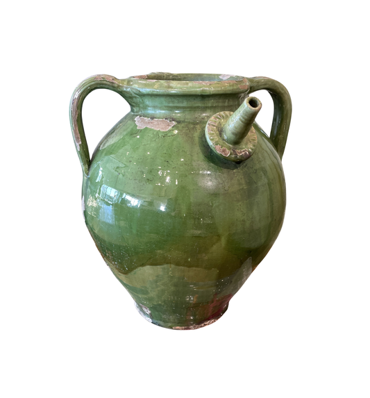 Antique French Oil Pot, Green Glaze with three Handles (0HP00N)