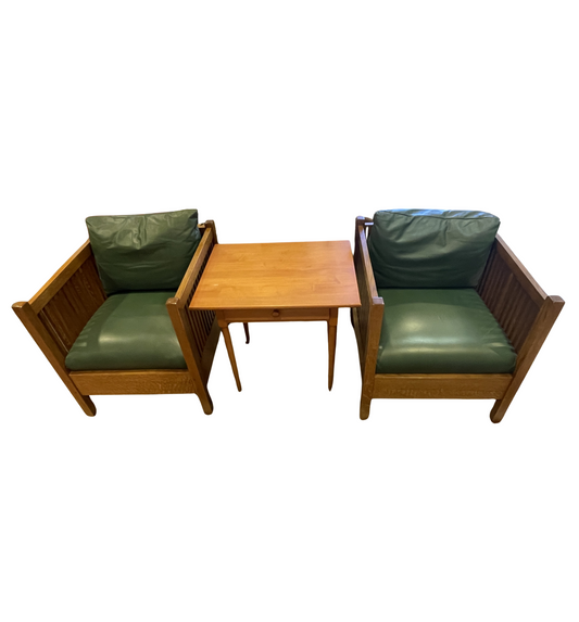 Stickley Mission Cube Chair with Green Leather, a pair (0H300O)