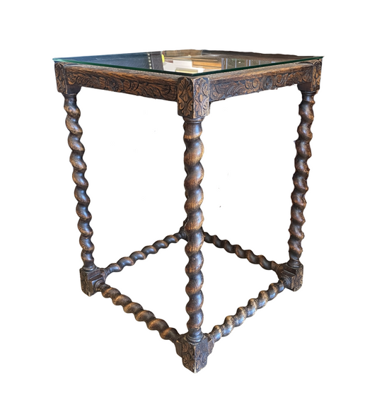 Antique Barley Twist Walnut Table with glass top, AS IS (0G0016)