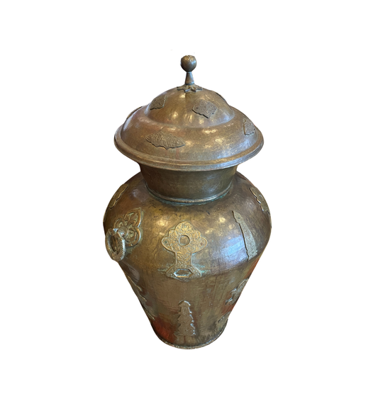 Brass Indian Tooled Floor Urn with Lid (0ED005)