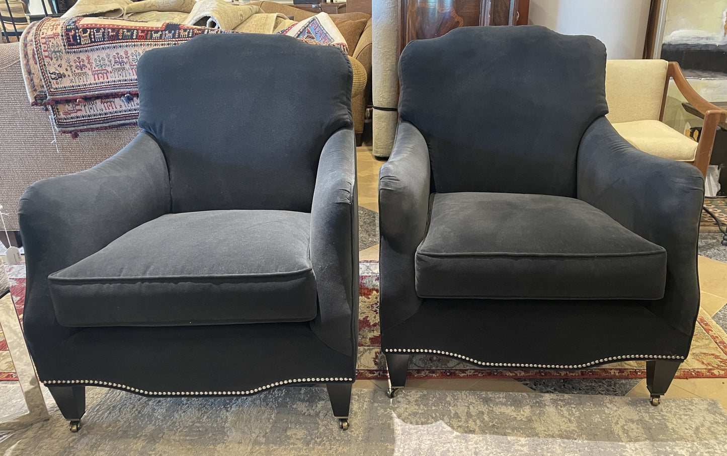 Ambella Black Arm Chair with tacks, AS IS (Two available 0N2006 and 0N2007)