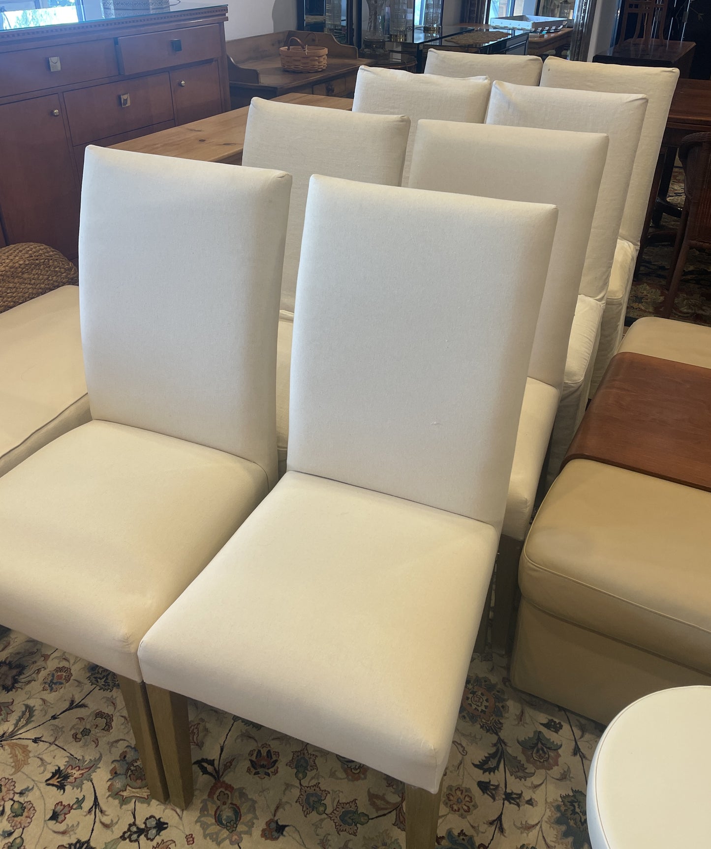 8 Custom Linen Slipcovered Parsons Chairs, AS IS (0A900G)