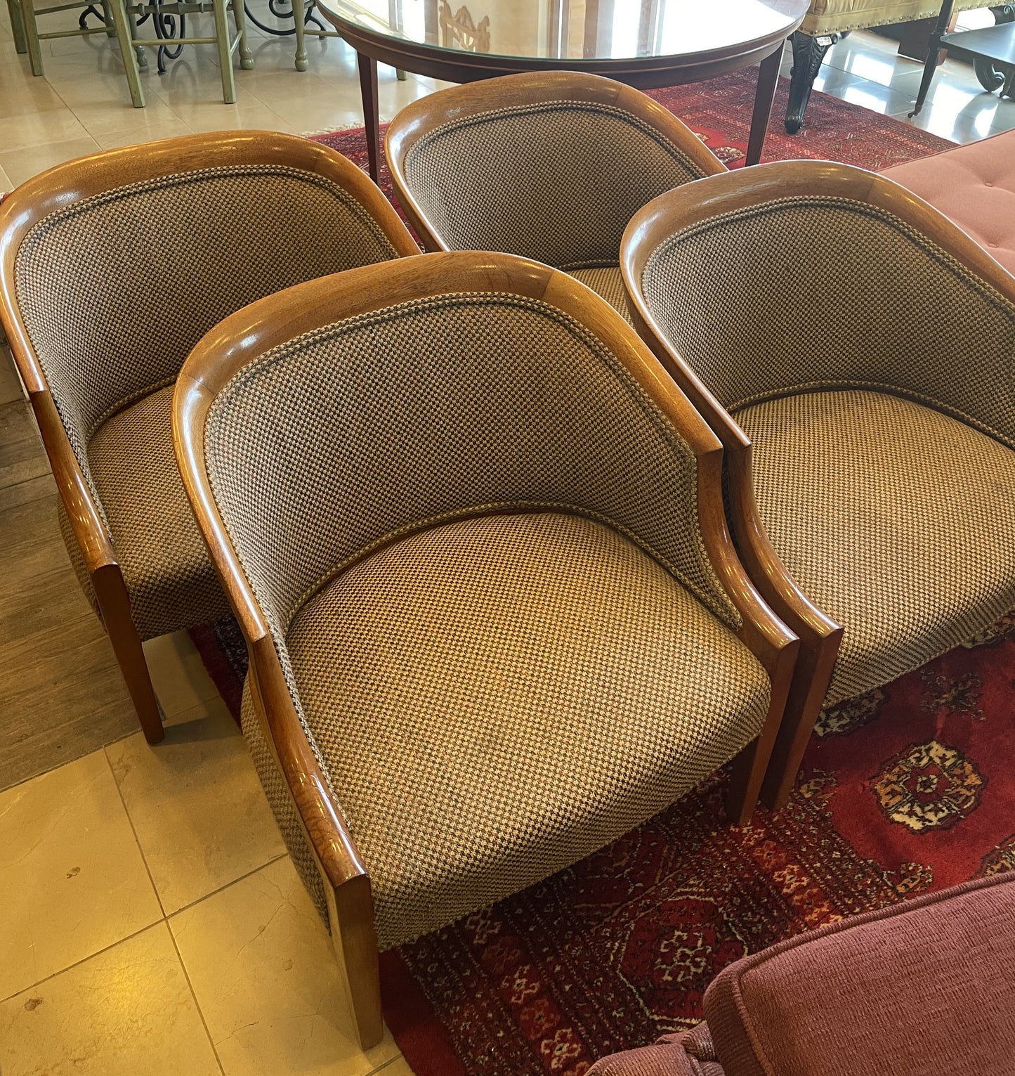 Mid Century Game Table and 4 Barrel Chairs, AS IS (0F8001)