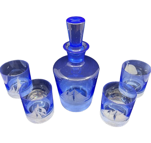 Artel Etched Crystal Golden Age of Yachting Beverage Set in Cobalt (0F800A)