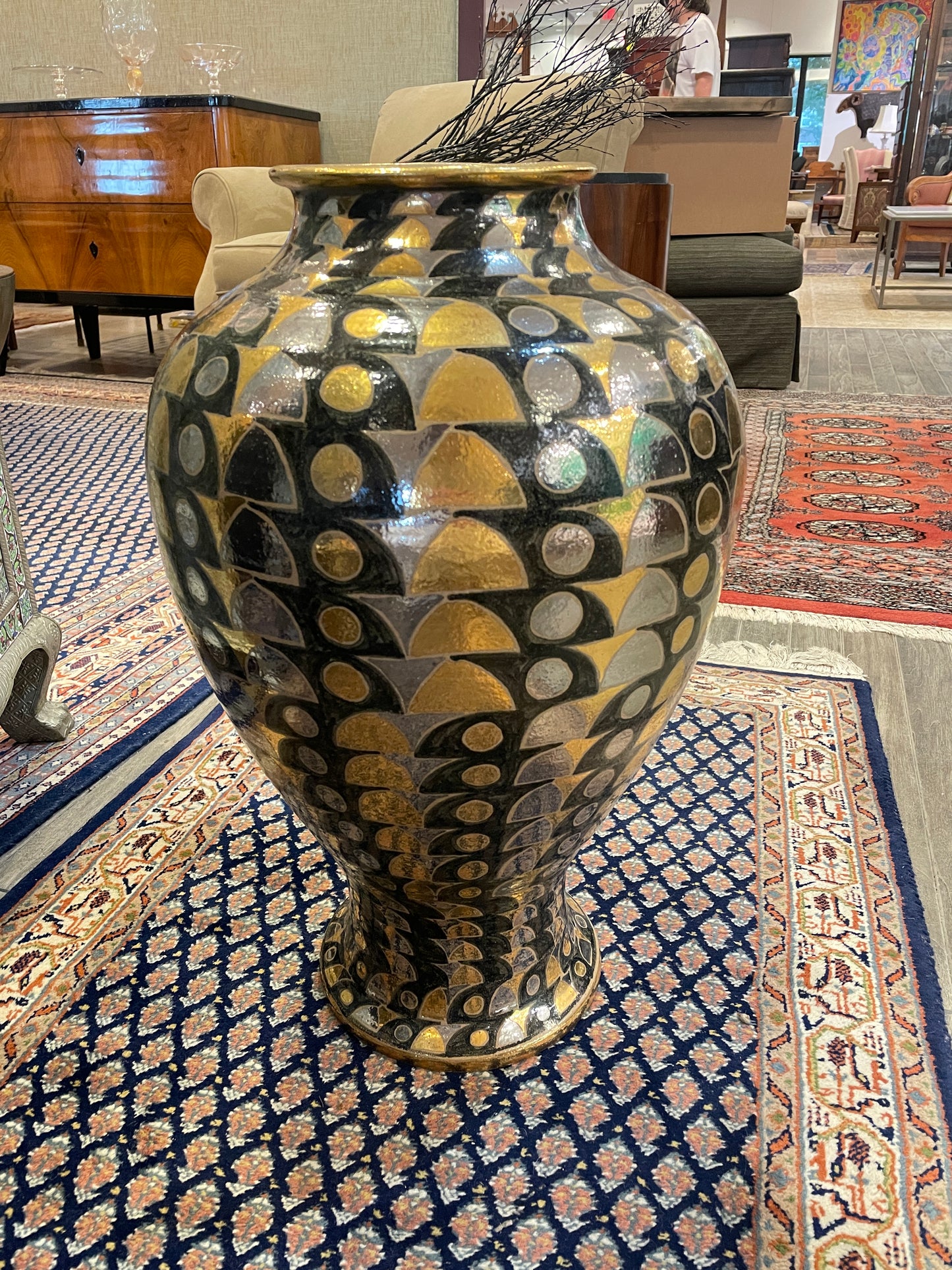 Polychrome Silvered Floor Vase, Signed (0FA002)