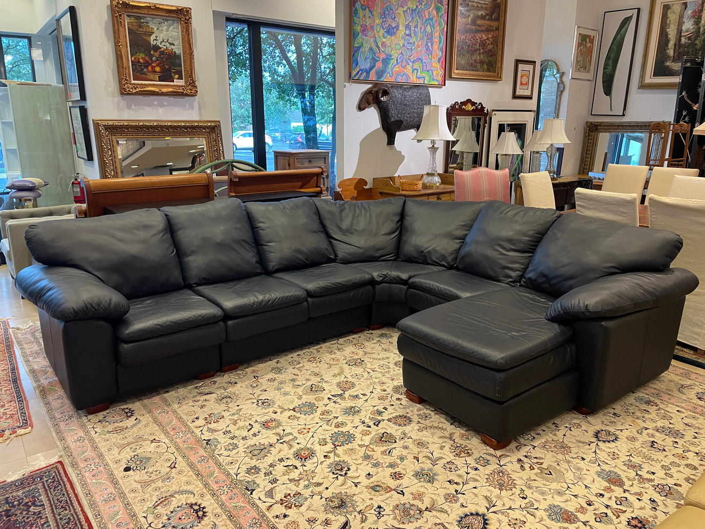 Navy Blue Leather Sectional, AS IS (0FA001)
