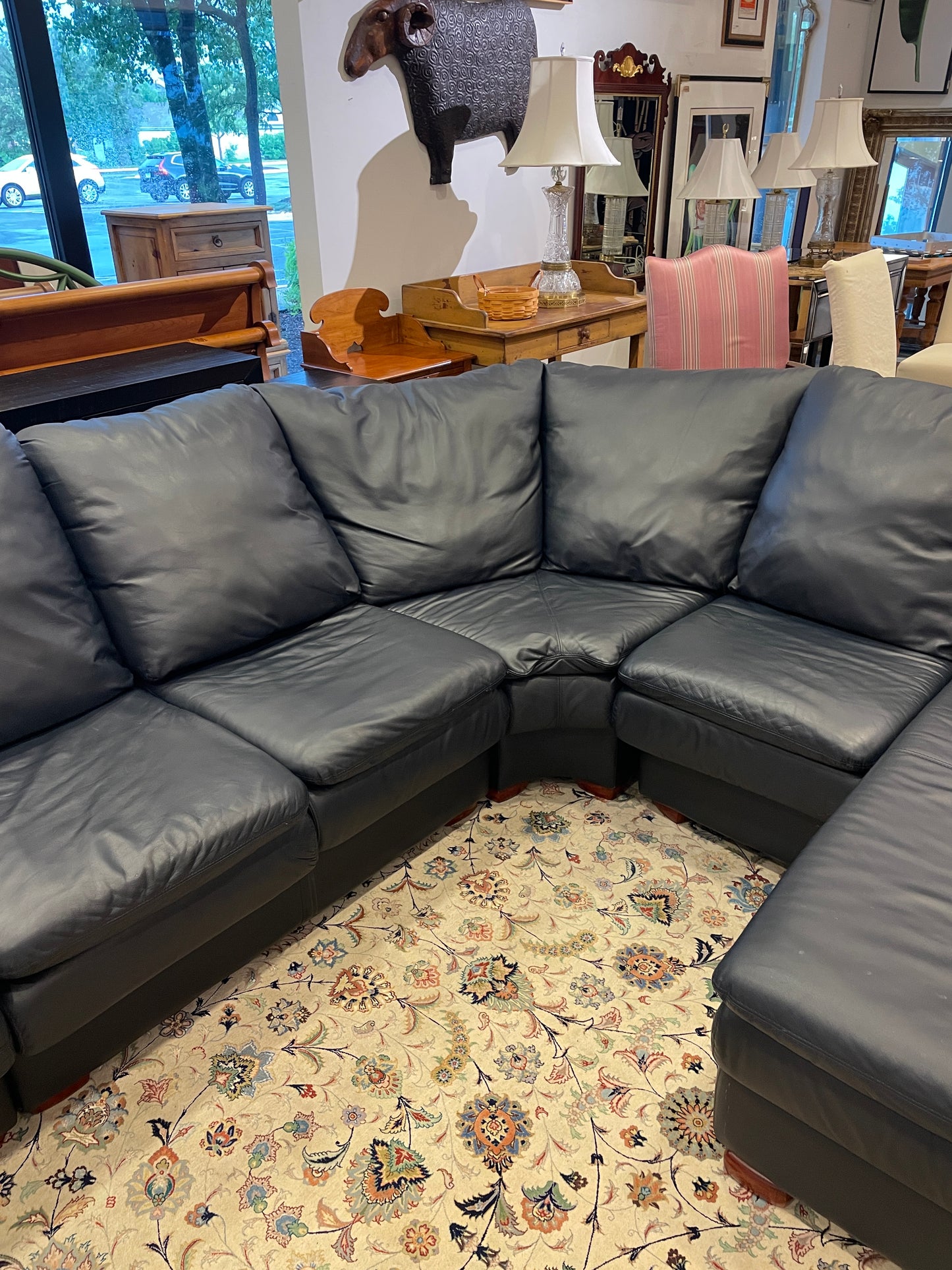 Navy Blue Leather Sectional, AS IS (0FA001)