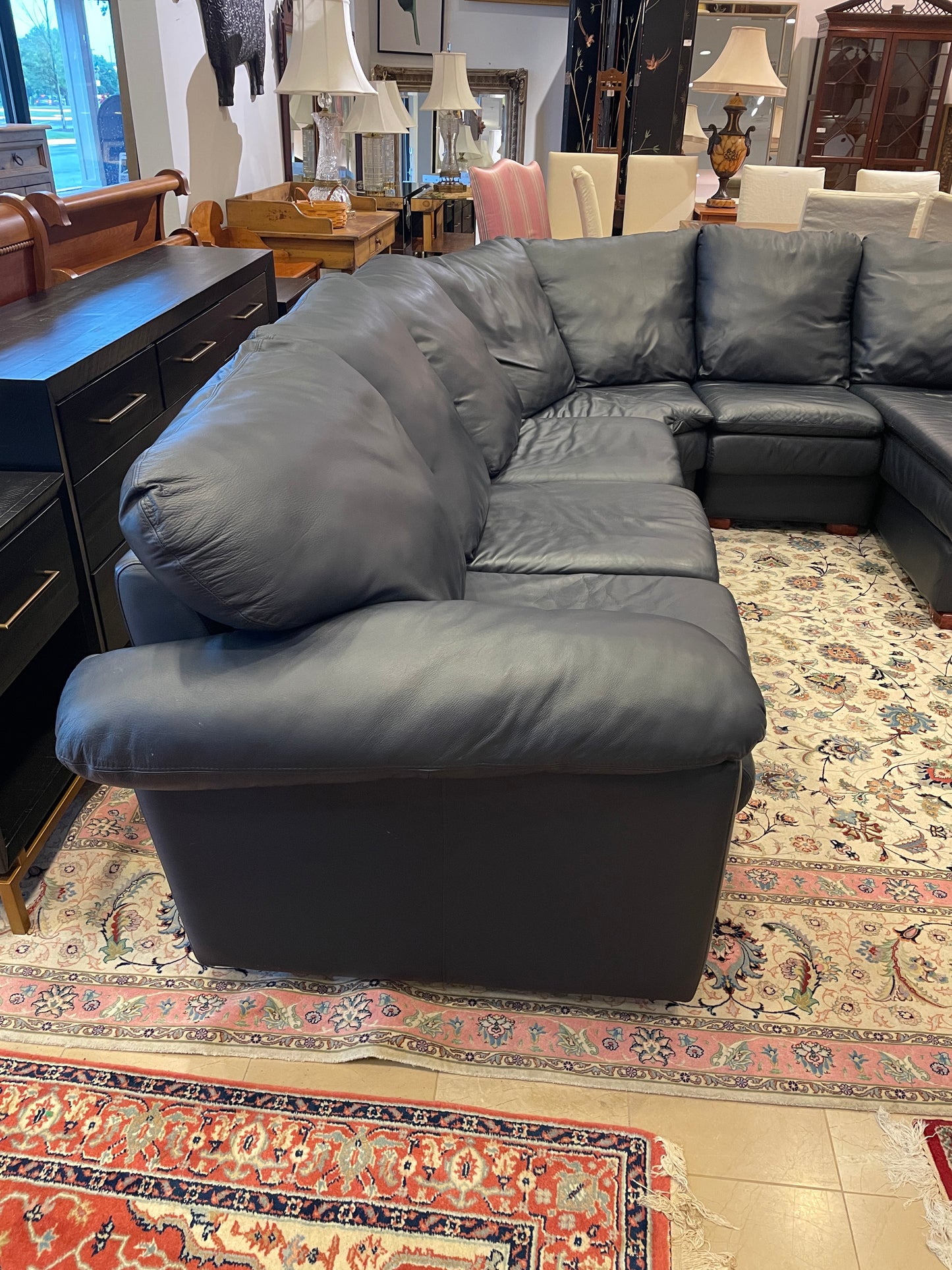 Navy Blue Leather Sectional, AS IS (0FA001)