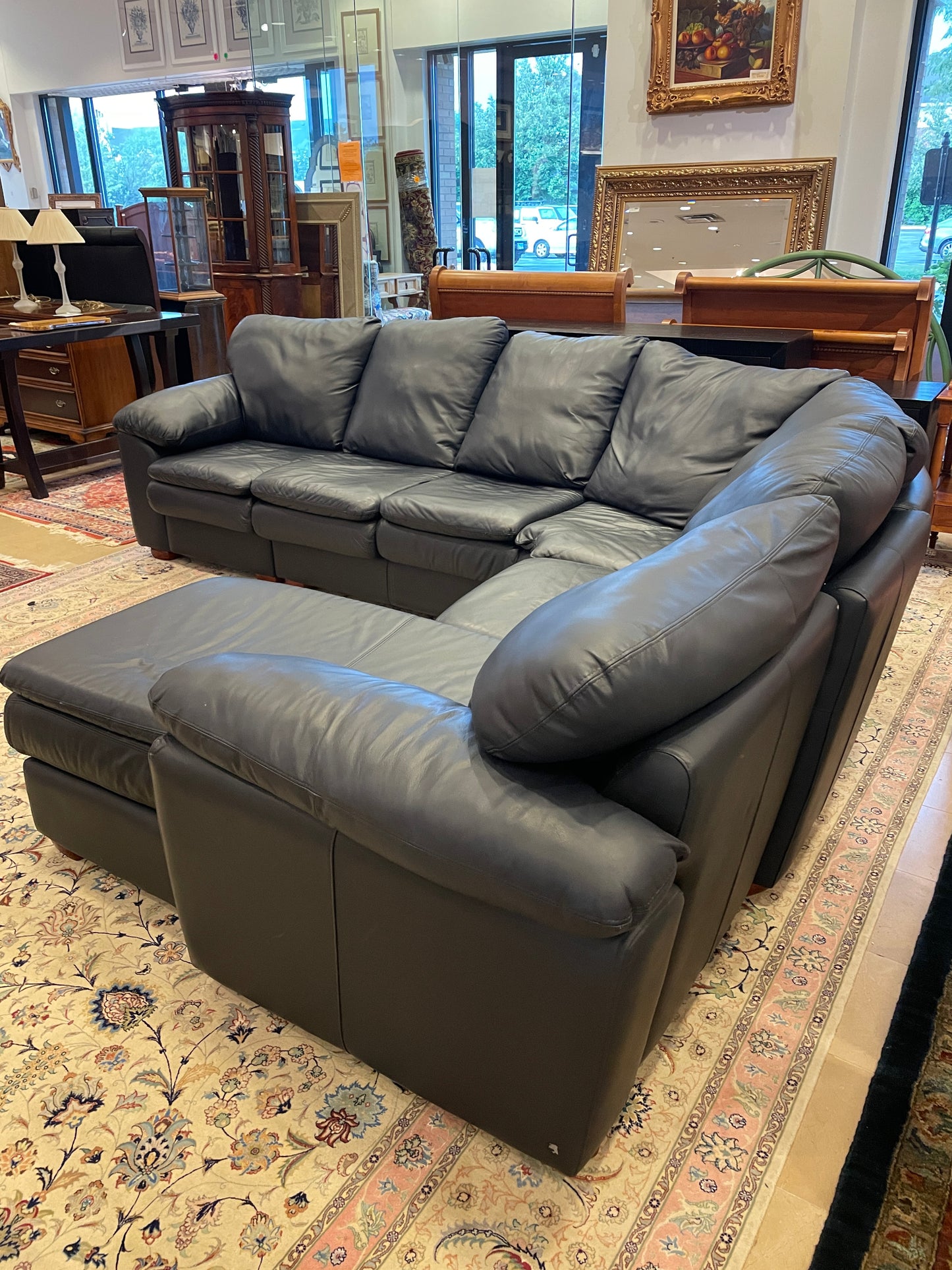 Navy Blue Leather Sectional, AS IS (0FA001)
