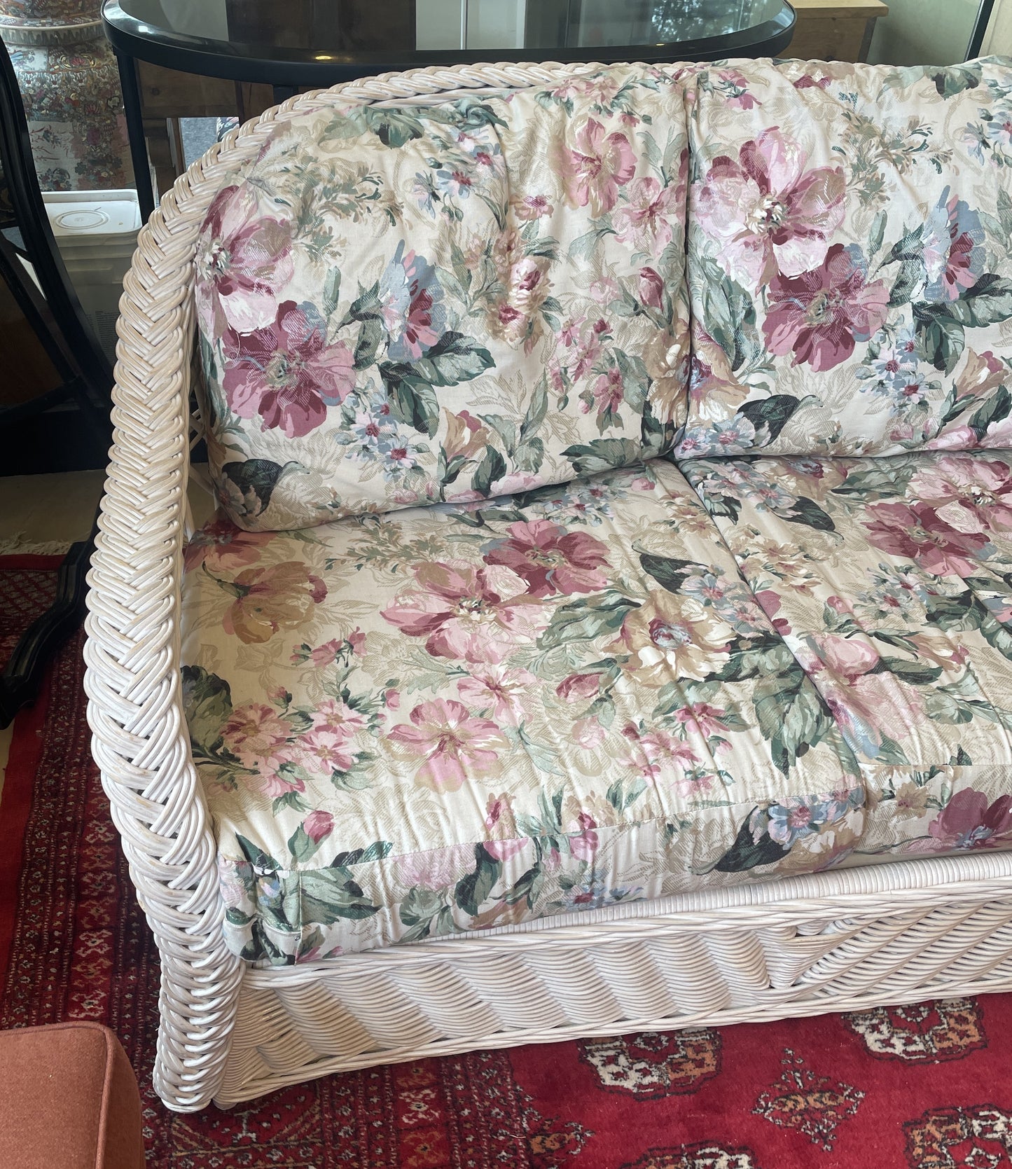 South Sea Rattan Loveseat with Floral Cushions (0FH001)
