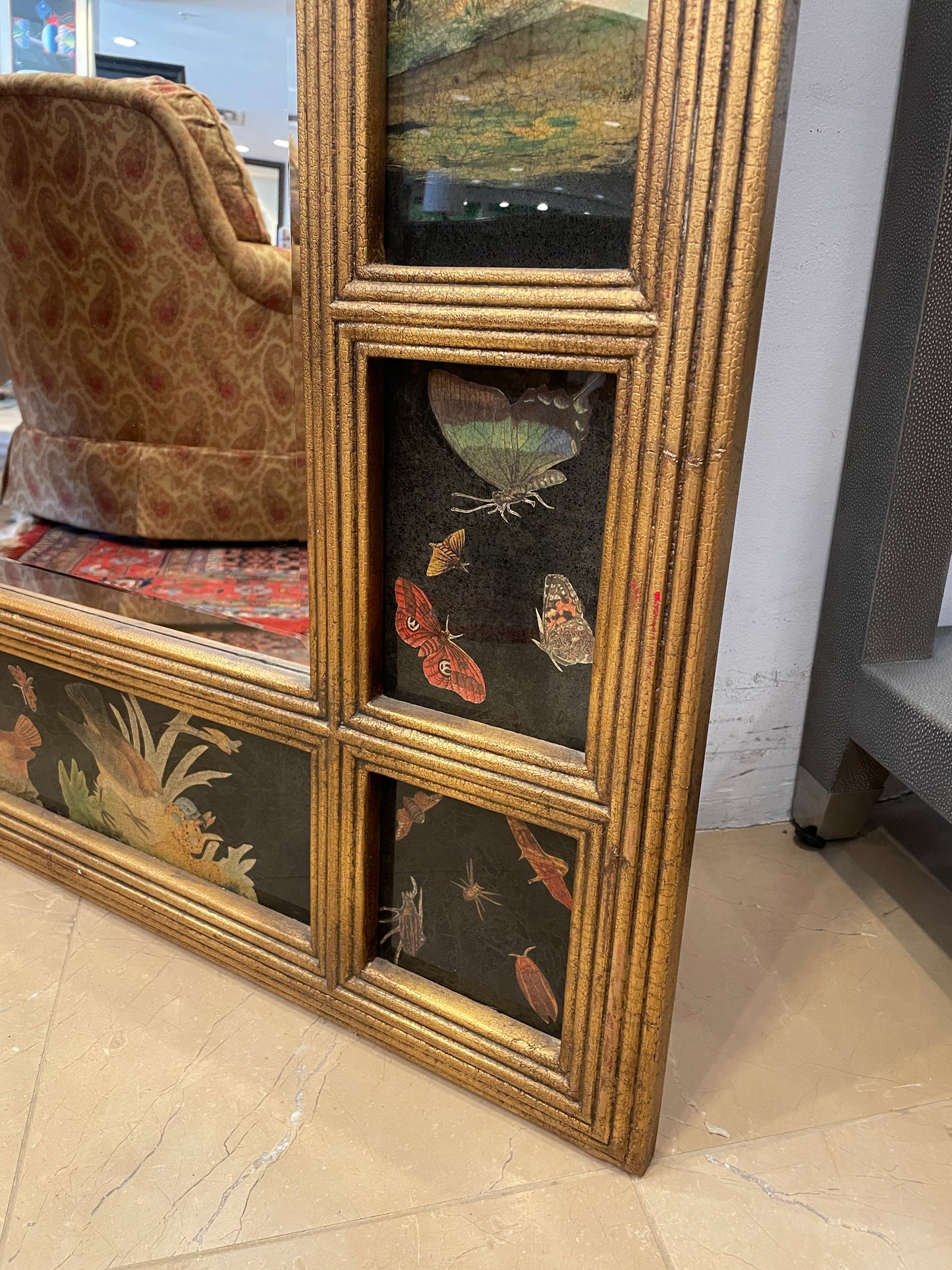 Reverse Painted Parrot Floor Mirror with Gilded Frame (0G1001)