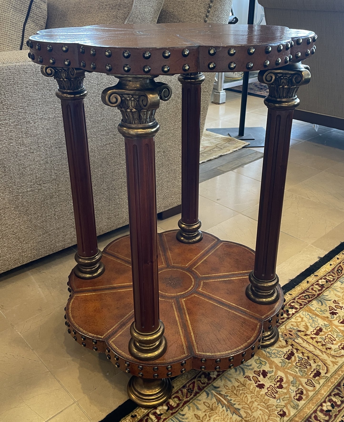 Maitland Smith Tooled Leather Clover End Table with Grommets (0G1006)