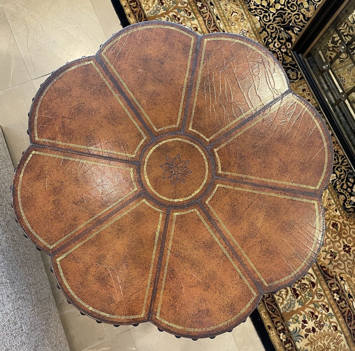 Maitland Smith Tooled Leather Clover End Table with Grommets (0G1006)