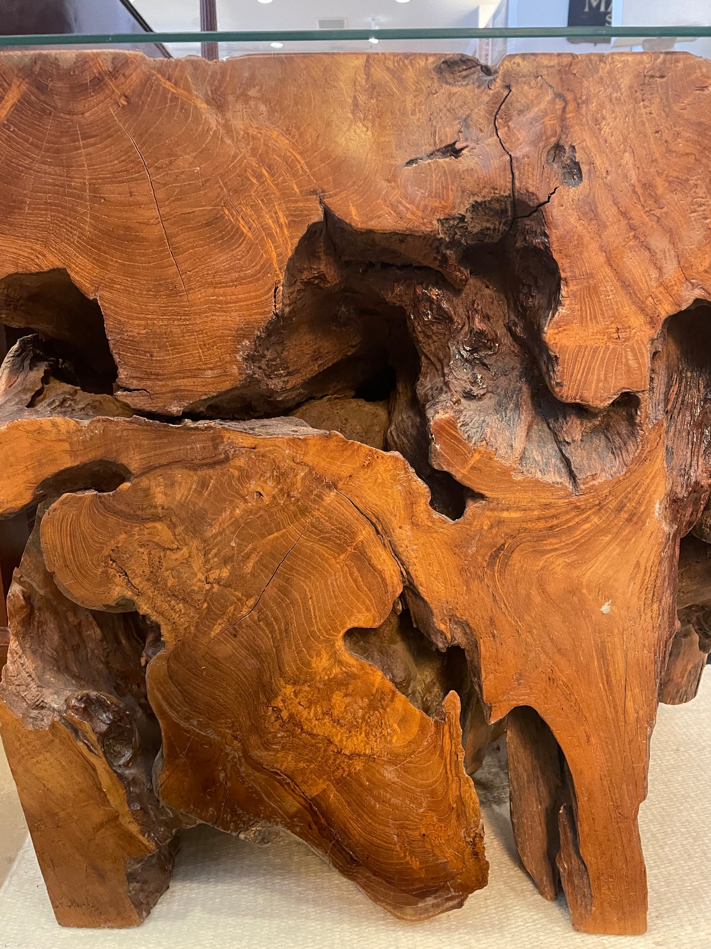 Vintage Teak Root End Table with Glass Top (0KB003)