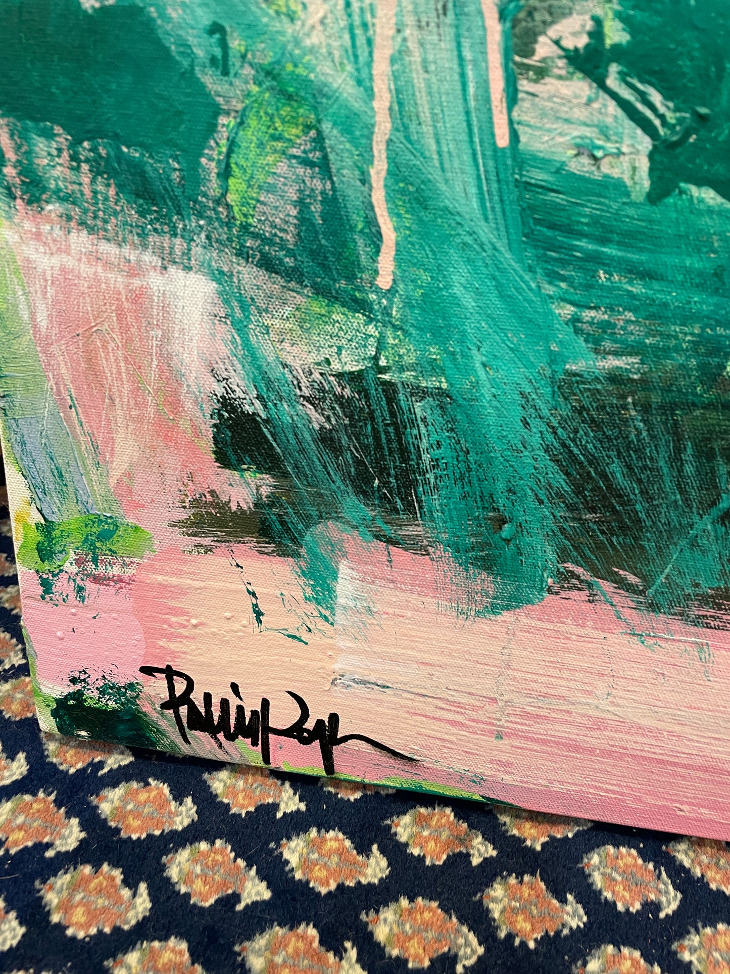 Robbie Kemper Pink and Green Abstract on Canvas (0GF005)