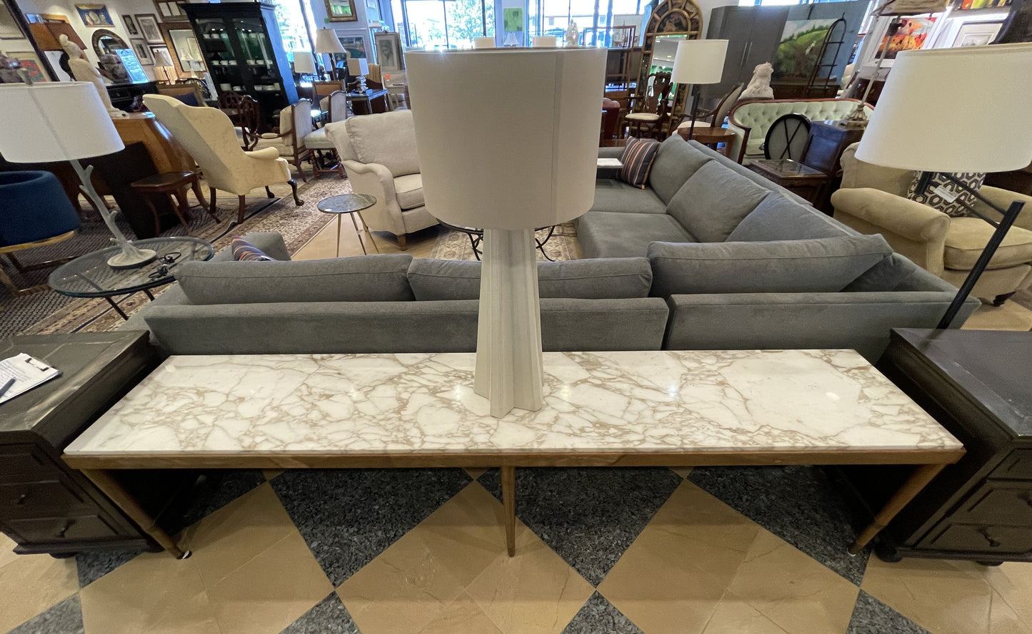 Mid Century Modern Calacatta Marble and Wood Low Console, AS IS (0GE005)