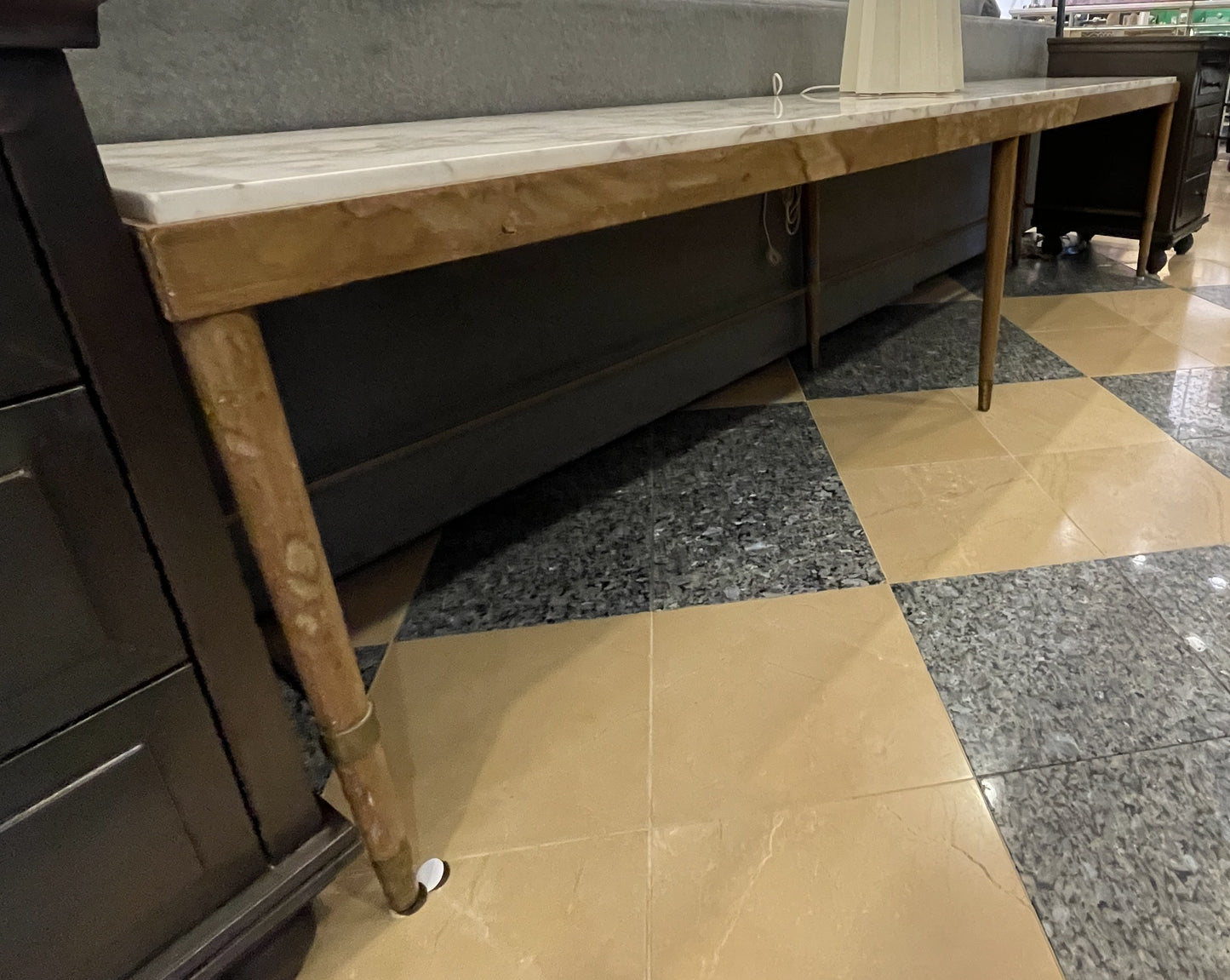 Mid Century Modern Calacatta Marble and Wood Low Console, AS IS (0GE005)