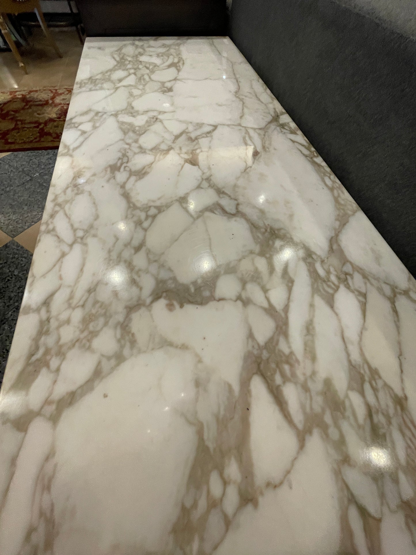 Mid Century Modern Calacatta Marble and Wood Low Console, AS IS (0GE005)