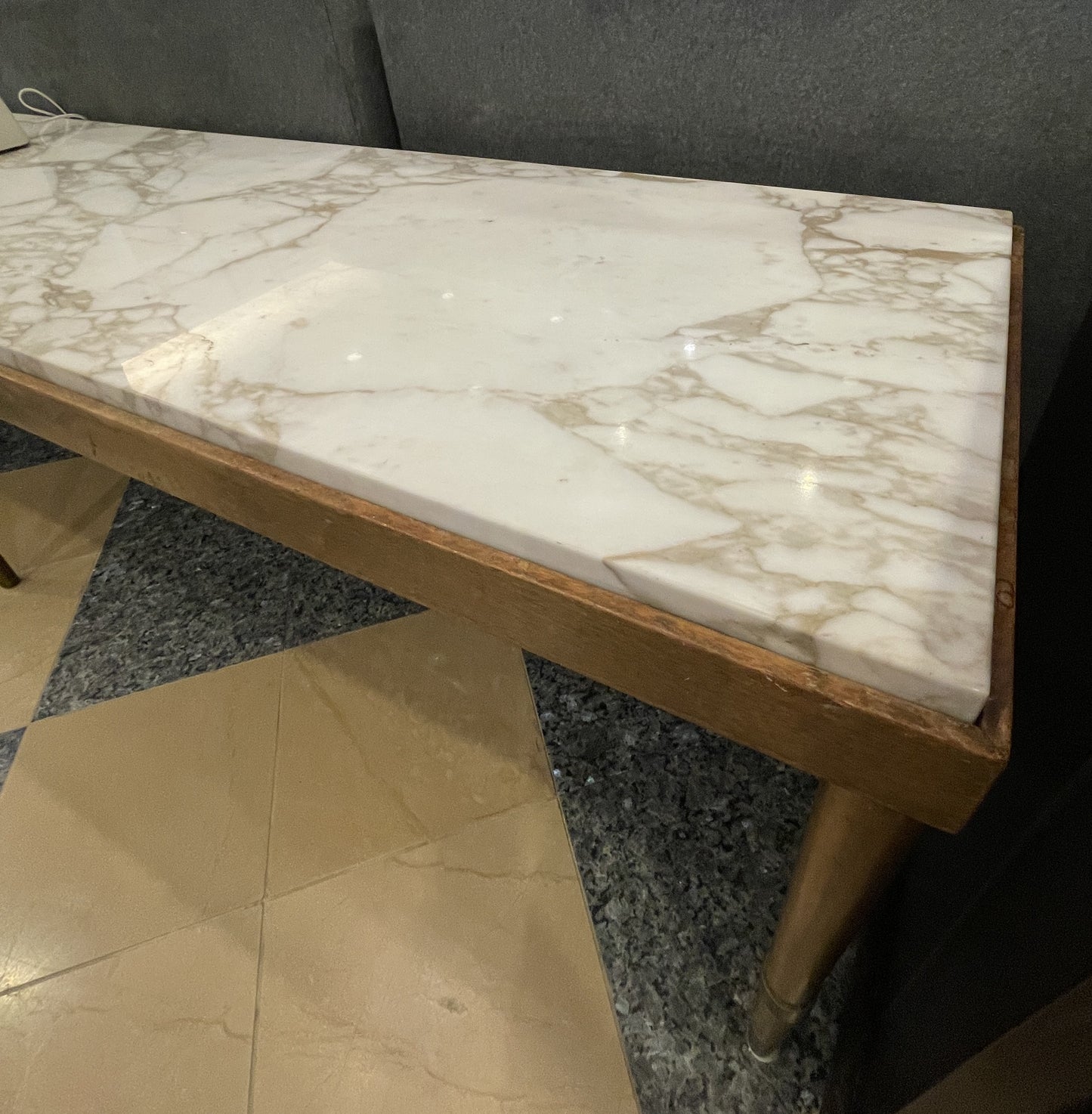 Mid Century Modern Calacatta Marble and Wood Low Console, AS IS (0GE005)