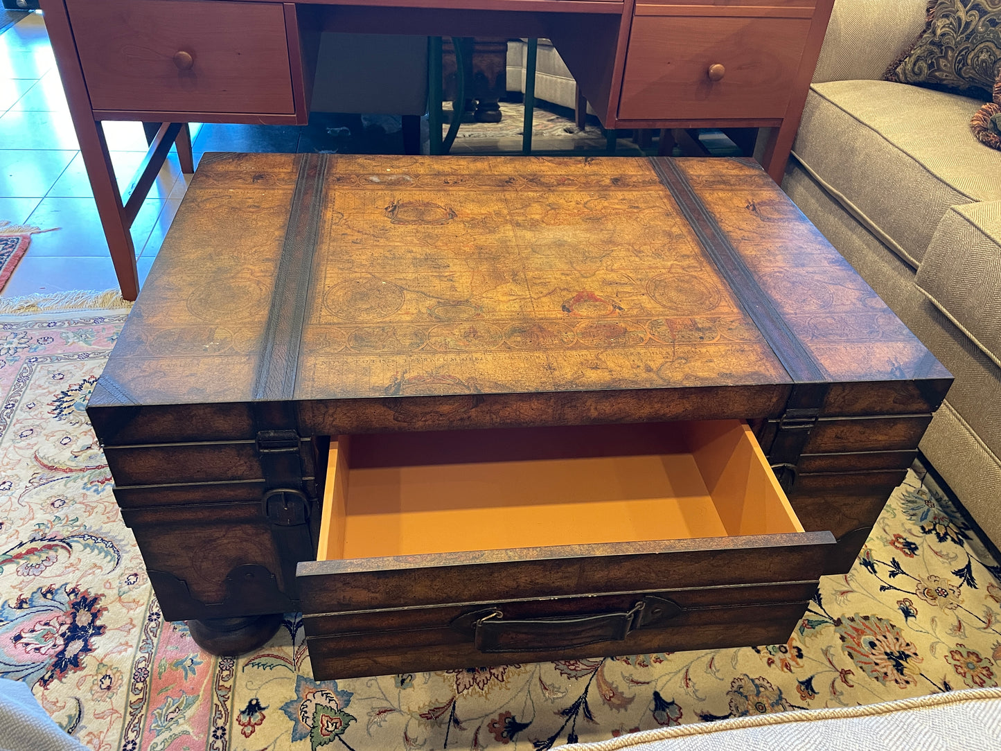 Map Trunk Style Coffee table with drawer, AS IS (0GN005)