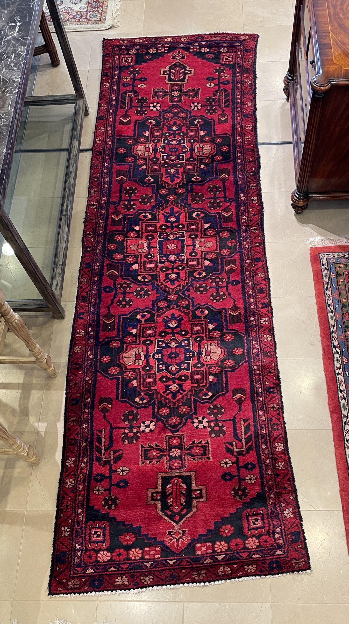 HK antique Persian Runner approx. 10x3, reds and blues (0G000H)