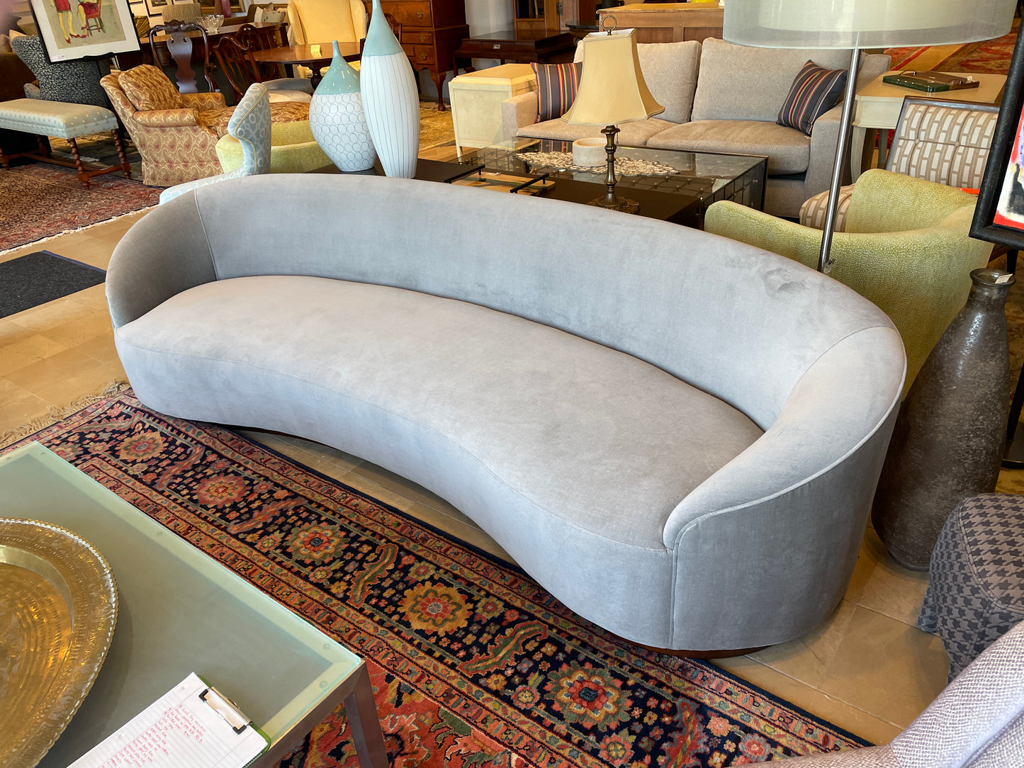 Custom Gray Velvet sofa attr to Restoration Hardware 1950s Shelter (0G000T)