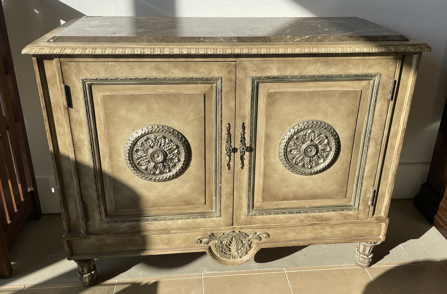 Faux Finished Console Cabinet with Marble inset top, AS IS (0GW009)
