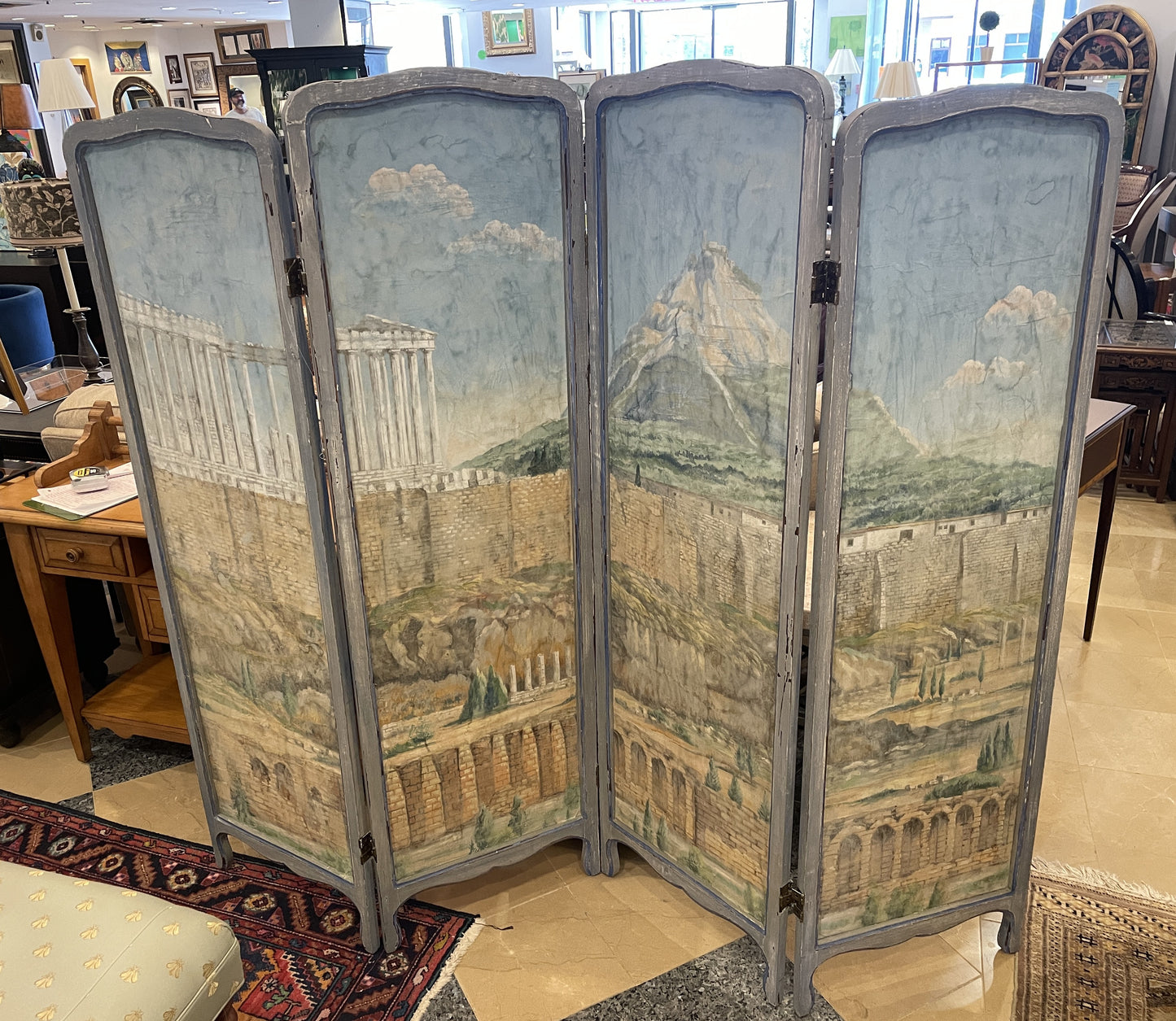Antique Painted Canvas Room Divider/Screen, 19th Century (0G001B)