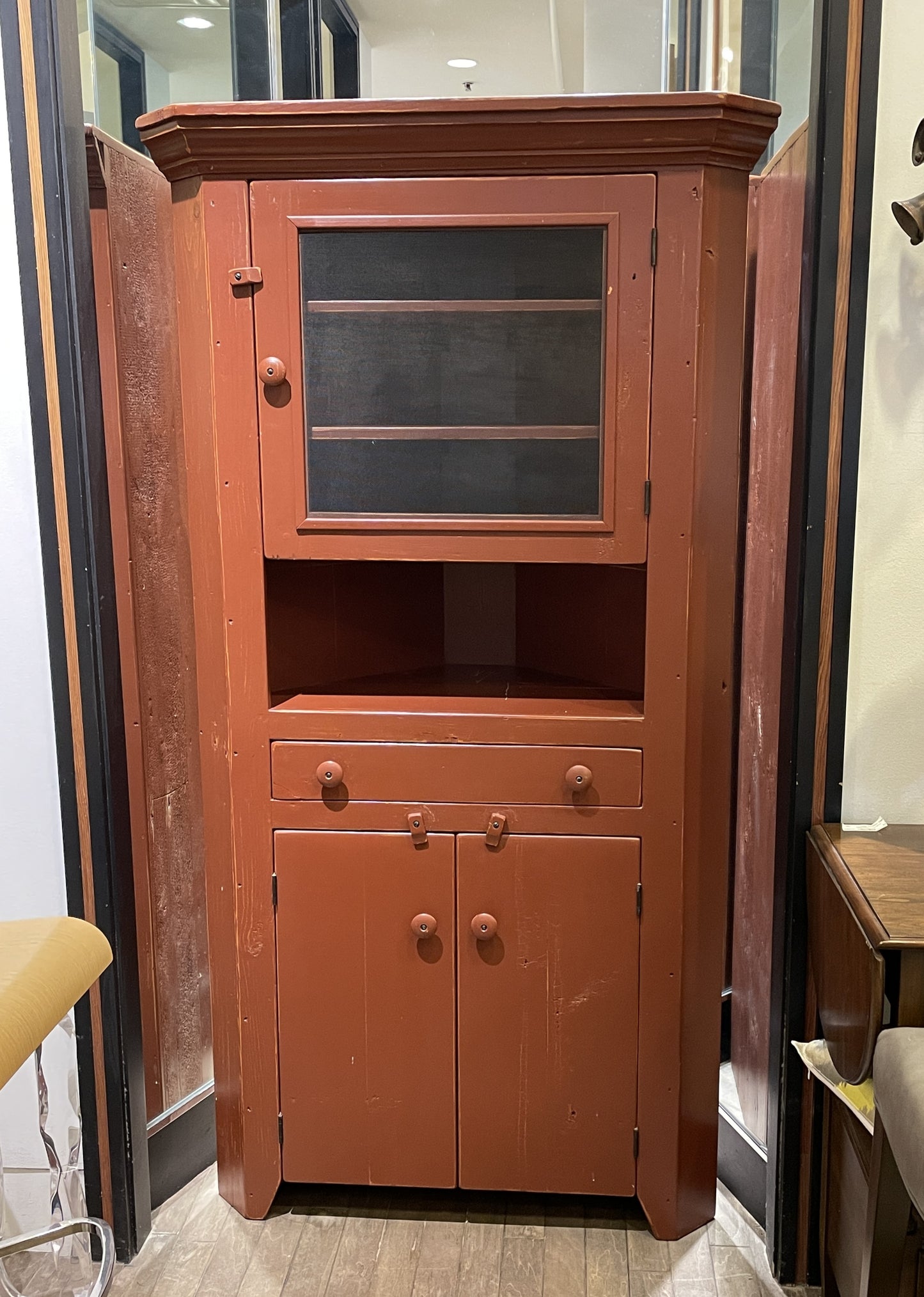 Red Painted Reproduction Primitive Corner Cabinet (0C4009)