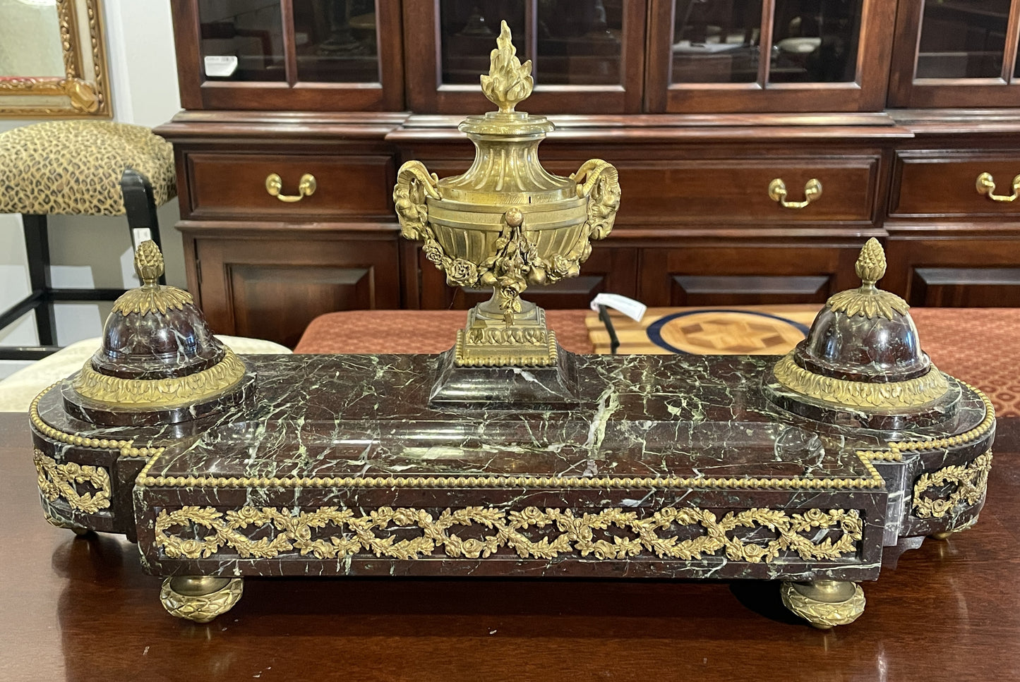 French Marble and Bronze Inkwell with Urn, Vintage (03G00H)