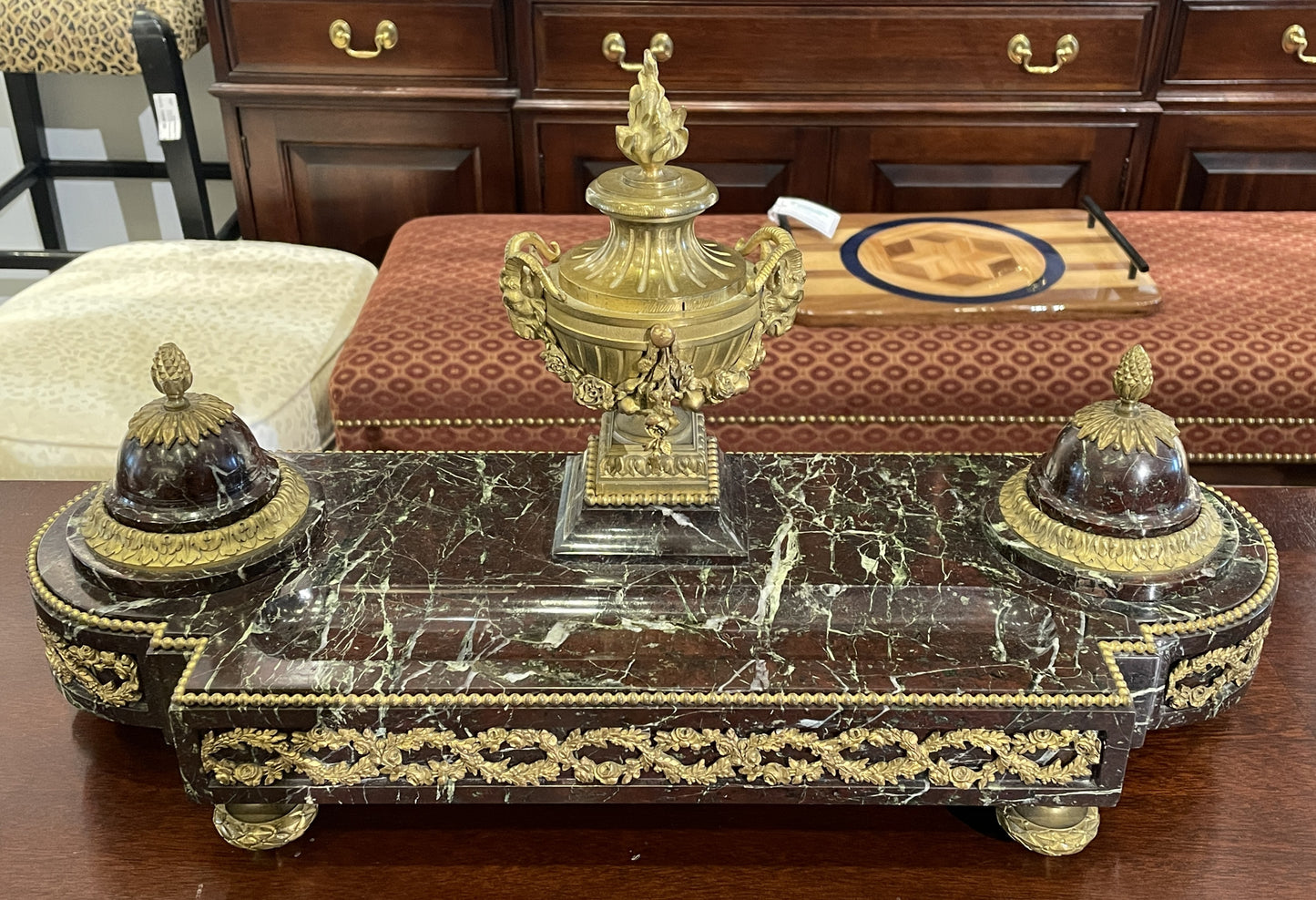 French Marble and Bronze Inkwell with Urn, Vintage (03G00H)