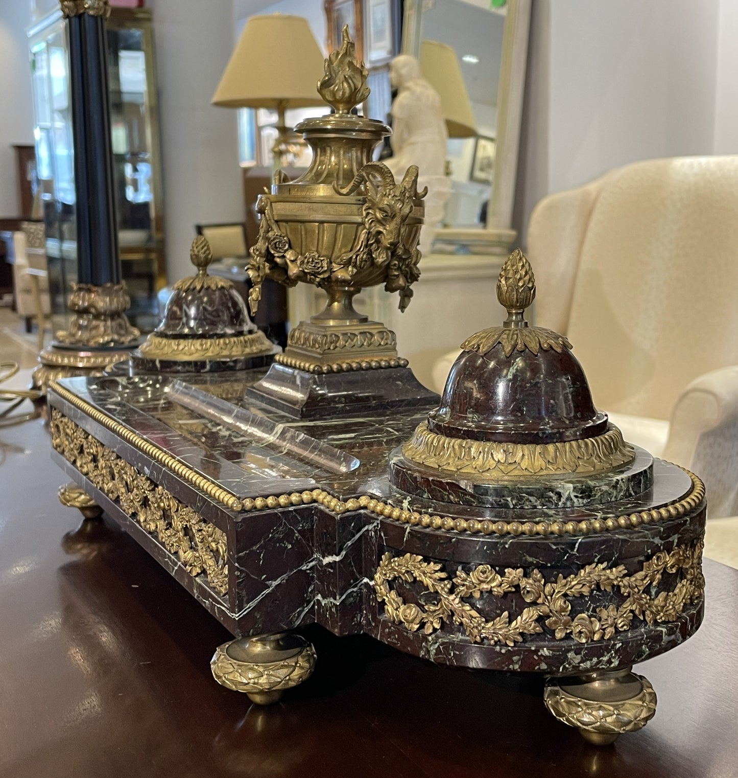 French Marble and Bronze Inkwell with Urn, Vintage (03G00H)