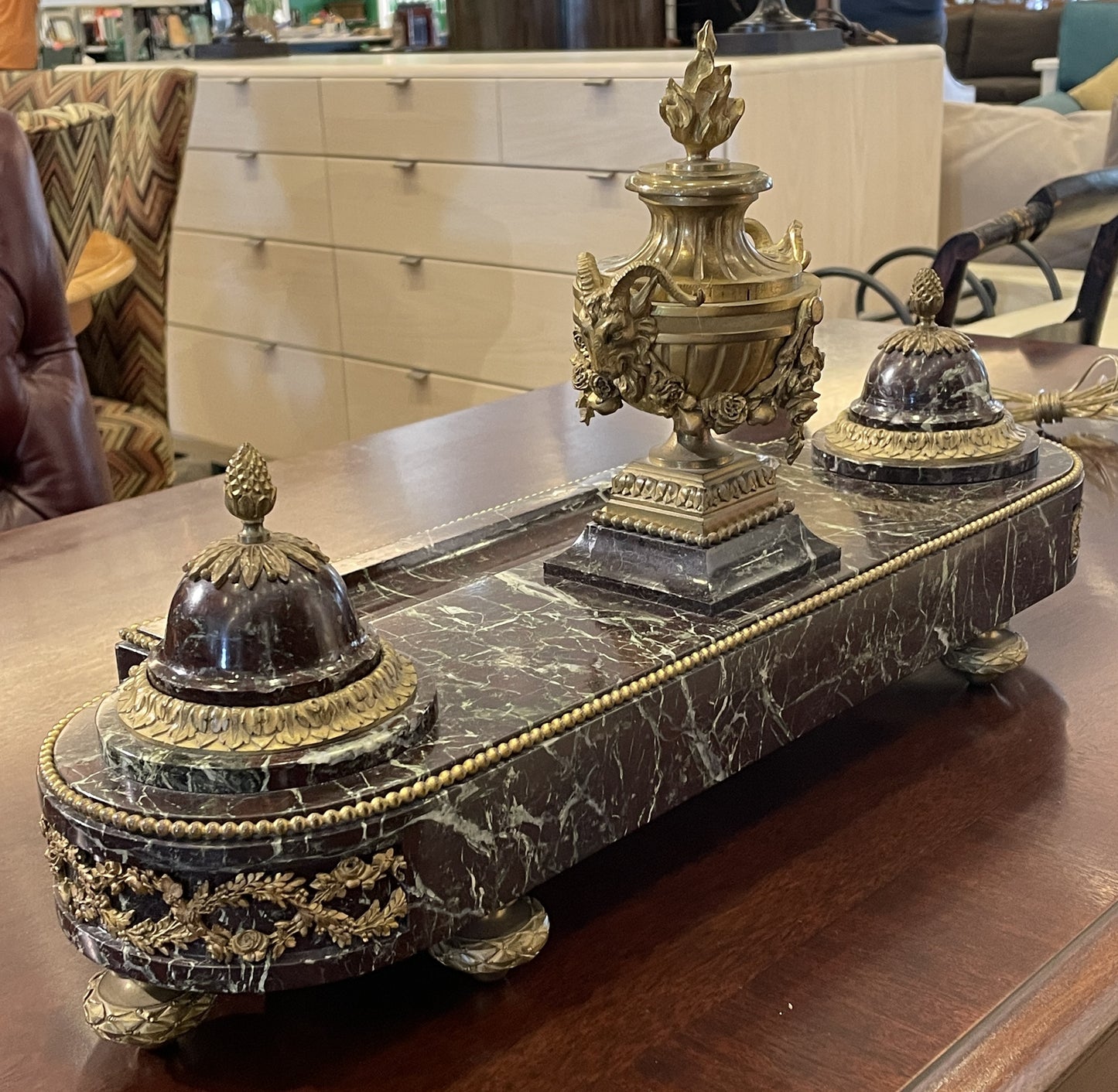 French Marble and Bronze Inkwell with Urn, Vintage (03G00H)