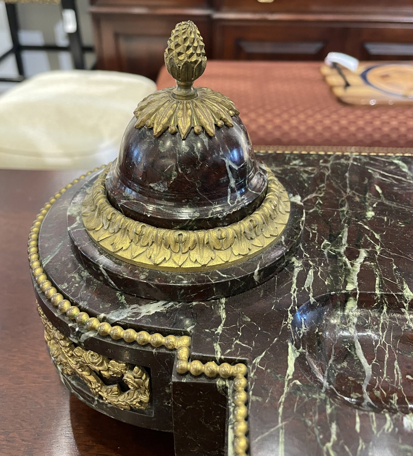 French Marble and Bronze Inkwell with Urn, Vintage (03G00H)