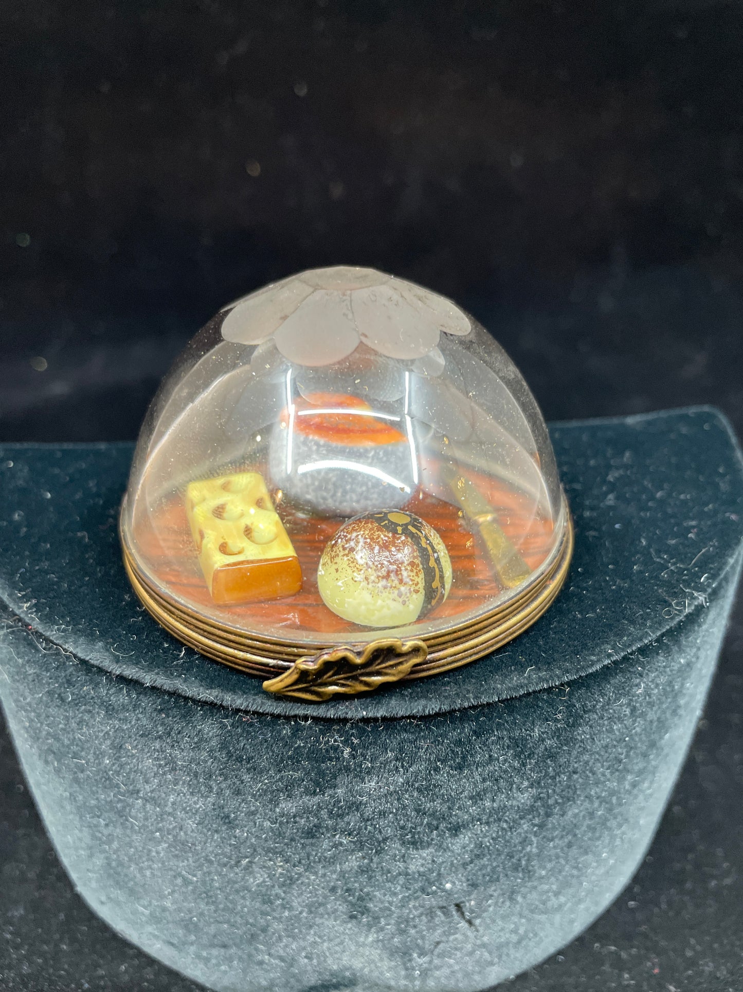 Limoges Cheese Dome with Etched Glass Lid Trinket Box (03002B)