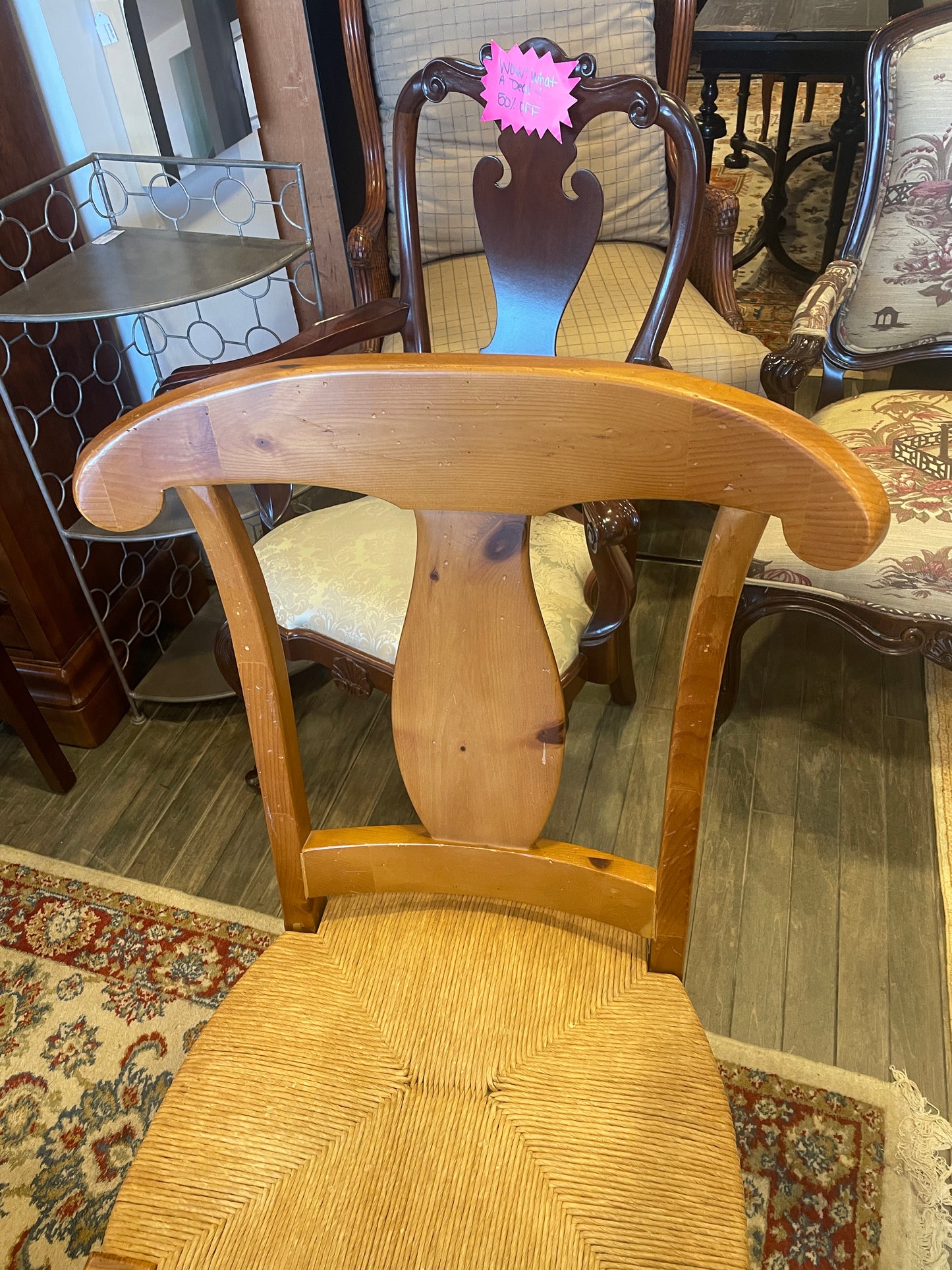 Set of 6 Pine Rams Back Rushed Dining Chairs, AS IS (0H9001)