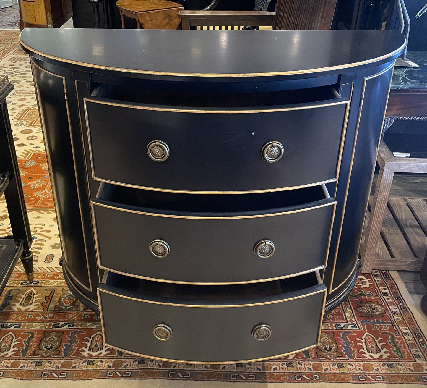 Ethan Allen Stratton Black and Gilded Demilune Chest (05S00O)