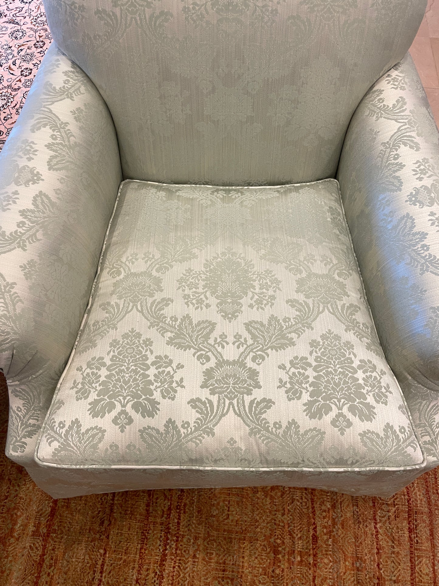Green Damask Arm Chair, custom (Two available 0OT00E 0OT00F)