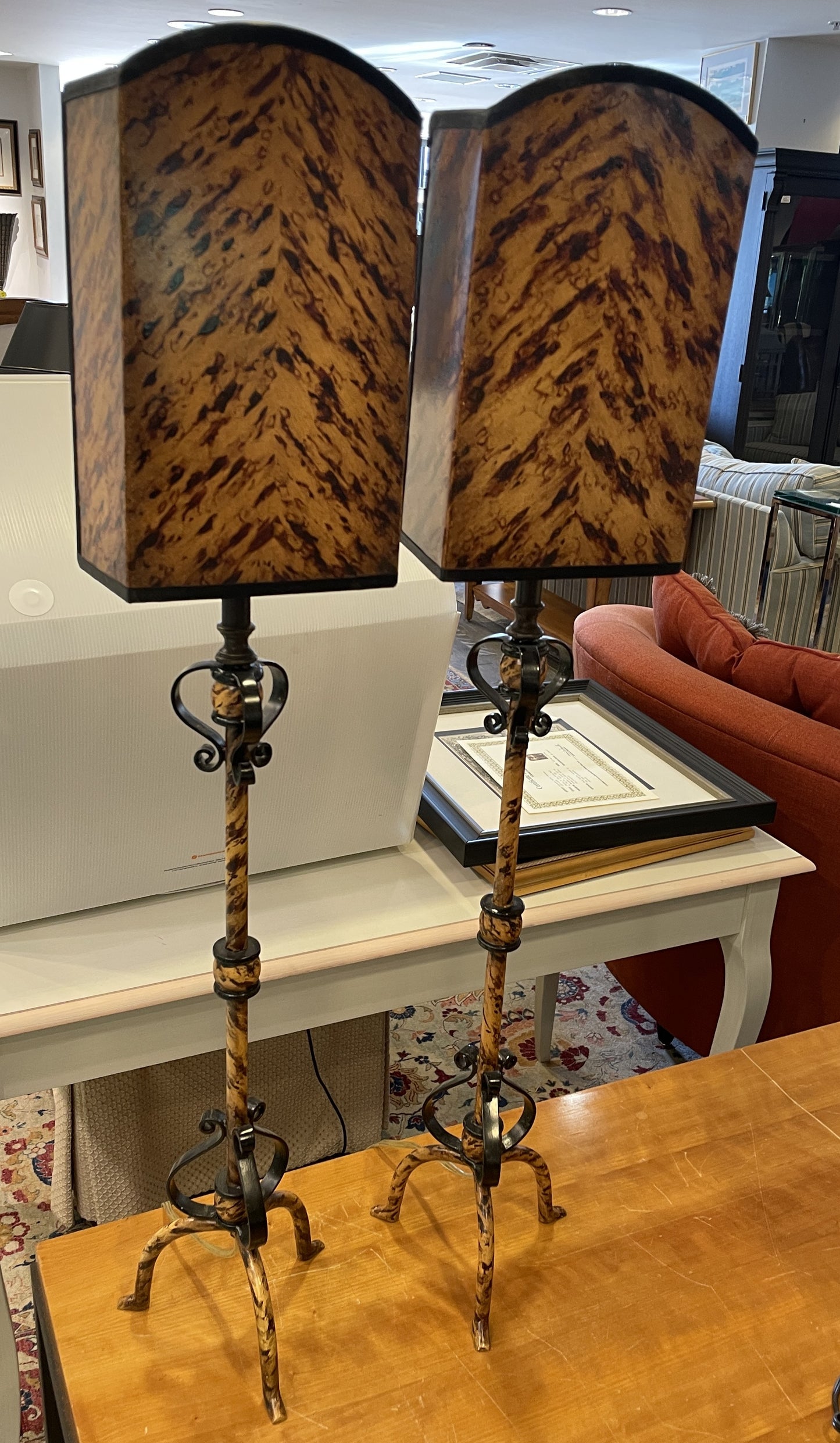 Pr Buffet Lamps with Mottled Reflector Shades