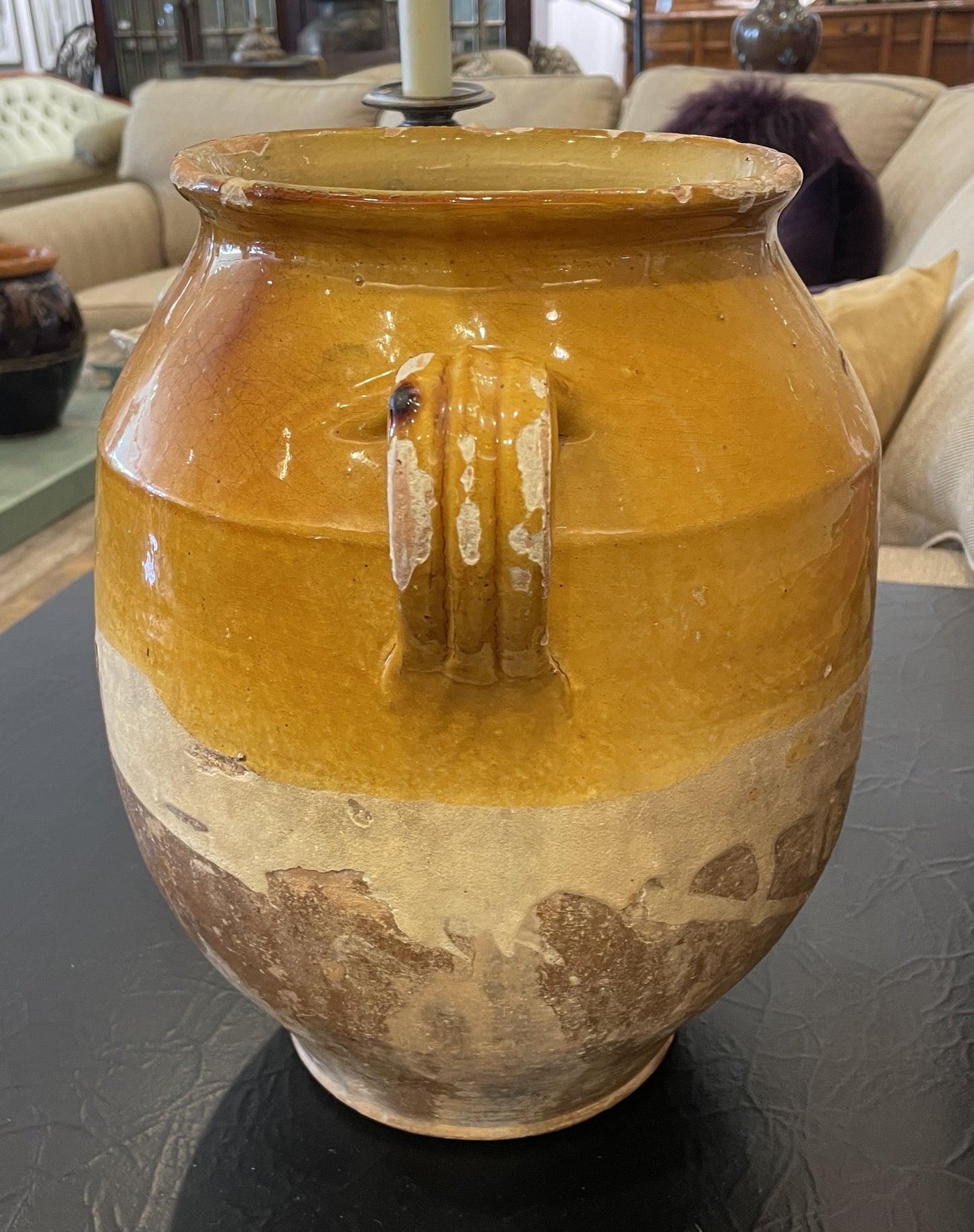Antique French Confit Jar, Double Handled Yellow Glaze (0HP00K)
