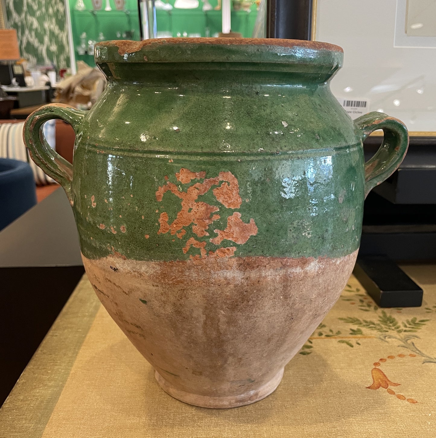 Antique French Confit Jar, Green Glaze, double Handle (0HP00L)