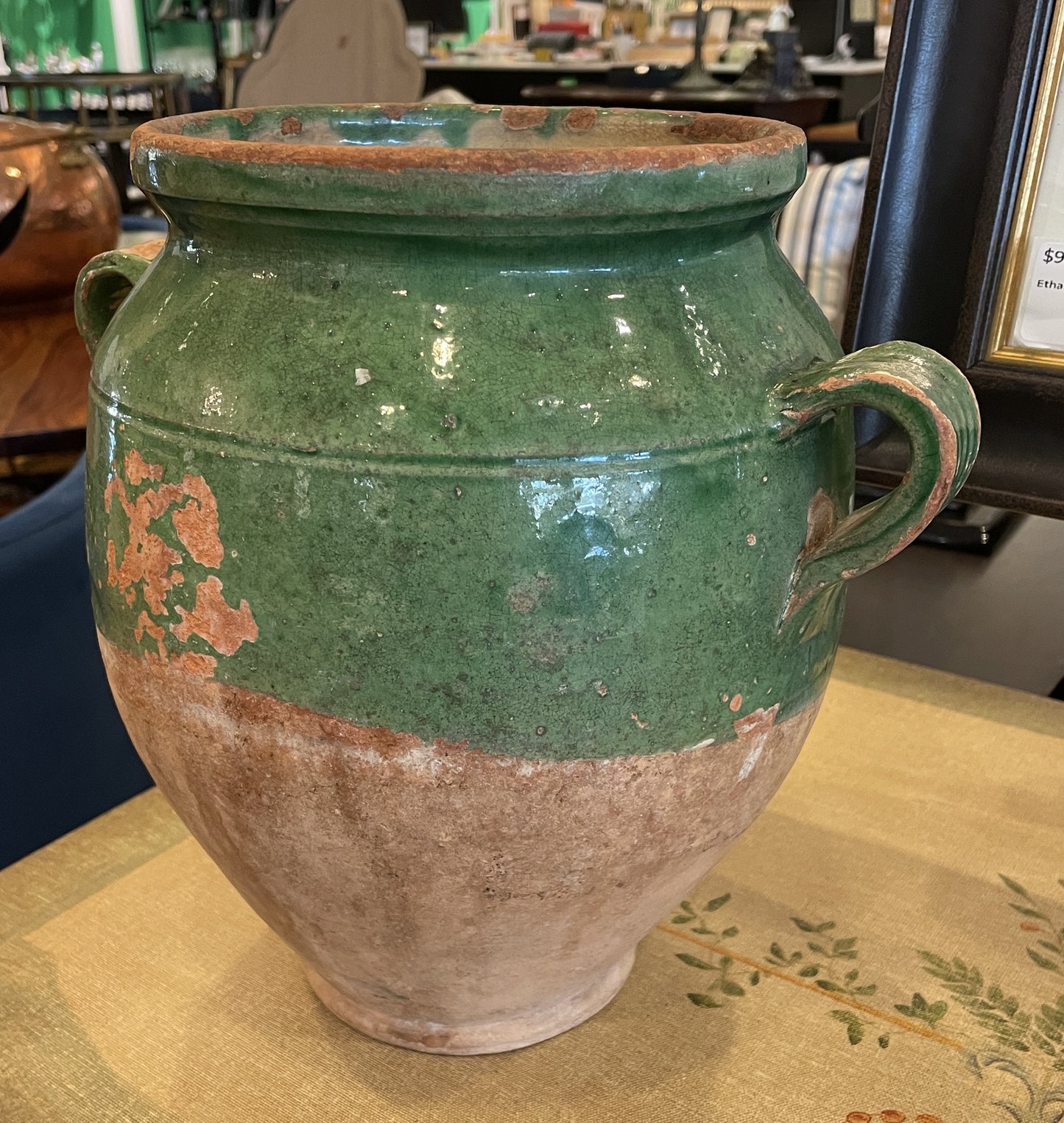 Antique French Confit Jar, Green Glaze, double Handle (0HP00L)