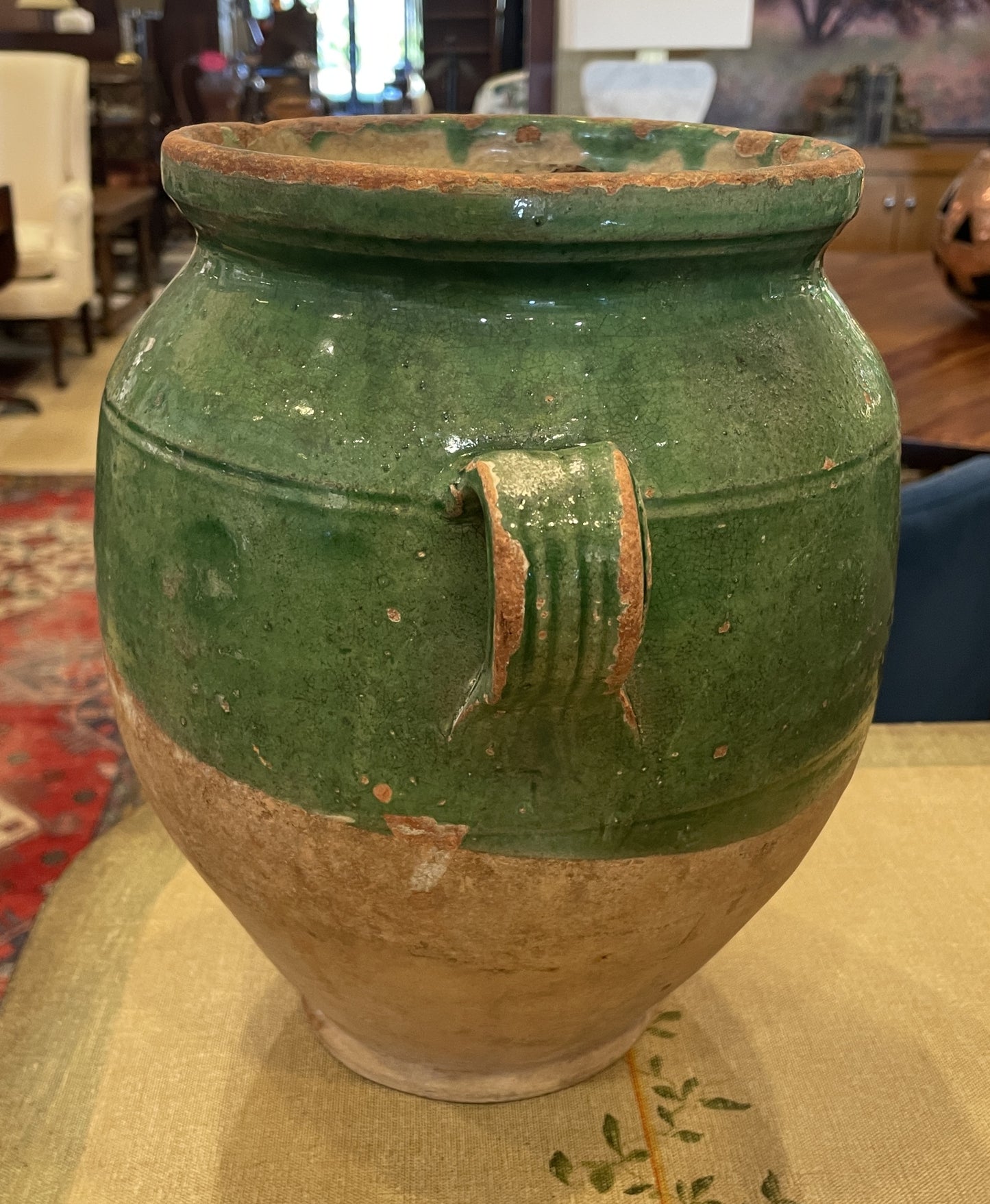 Antique French Confit Jar, Green Glaze, double Handle (0HP00L)