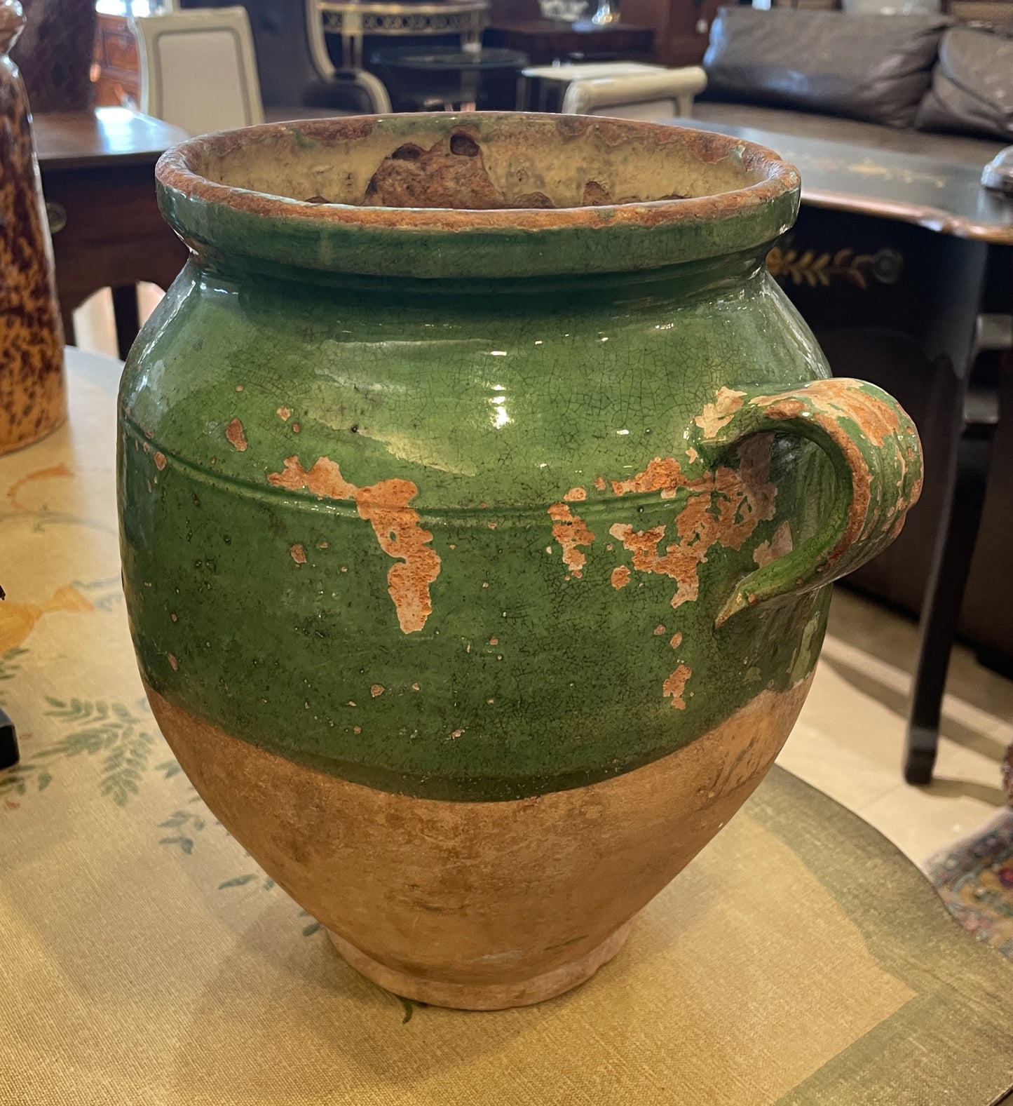 Antique French Confit Jar, Green Glaze, double Handle (0HP00L)