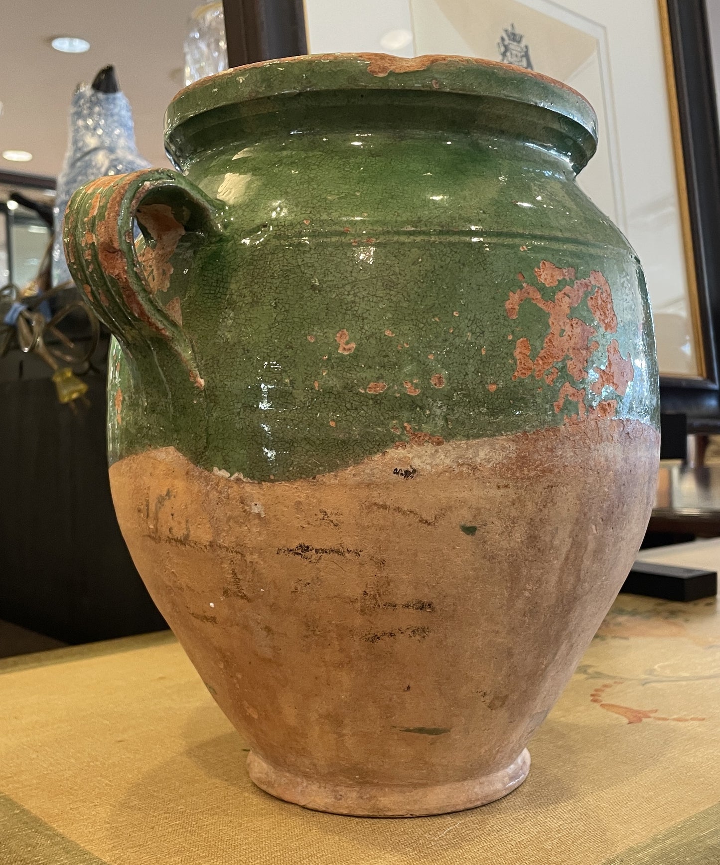 Antique French Confit Jar, Green Glaze, double Handle (0HP00L)