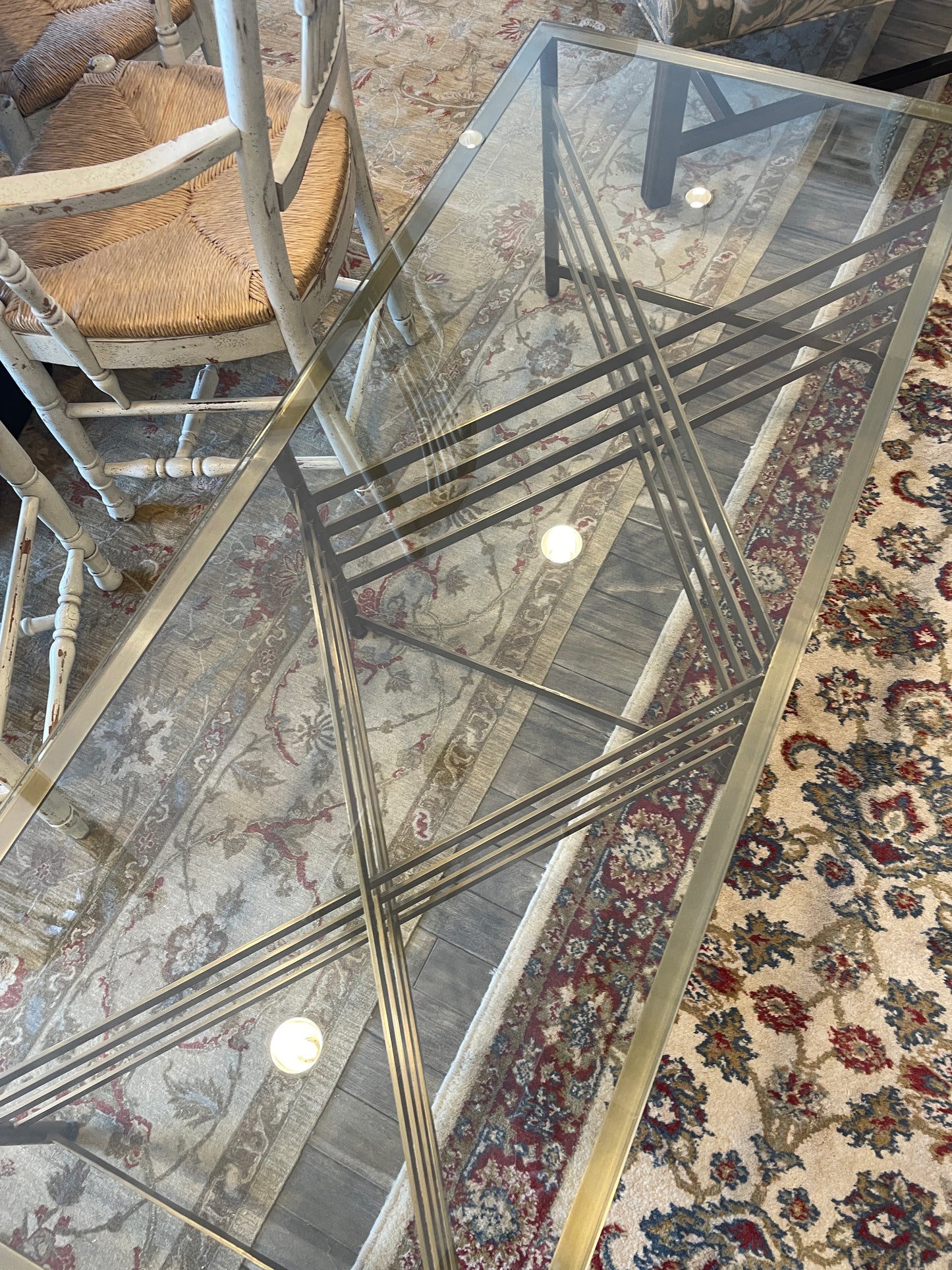 Glass Top Coffee Table with Crossed Bronze Colored Base (0DD005)