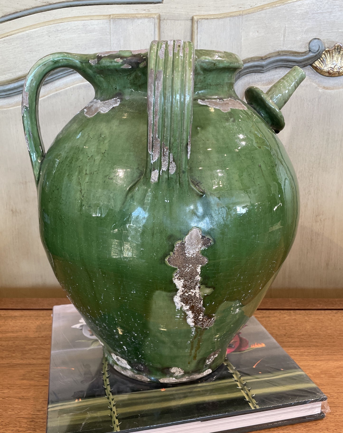 Antique French Oil Pot, Green Glaze with three Handles (0HP00N)
